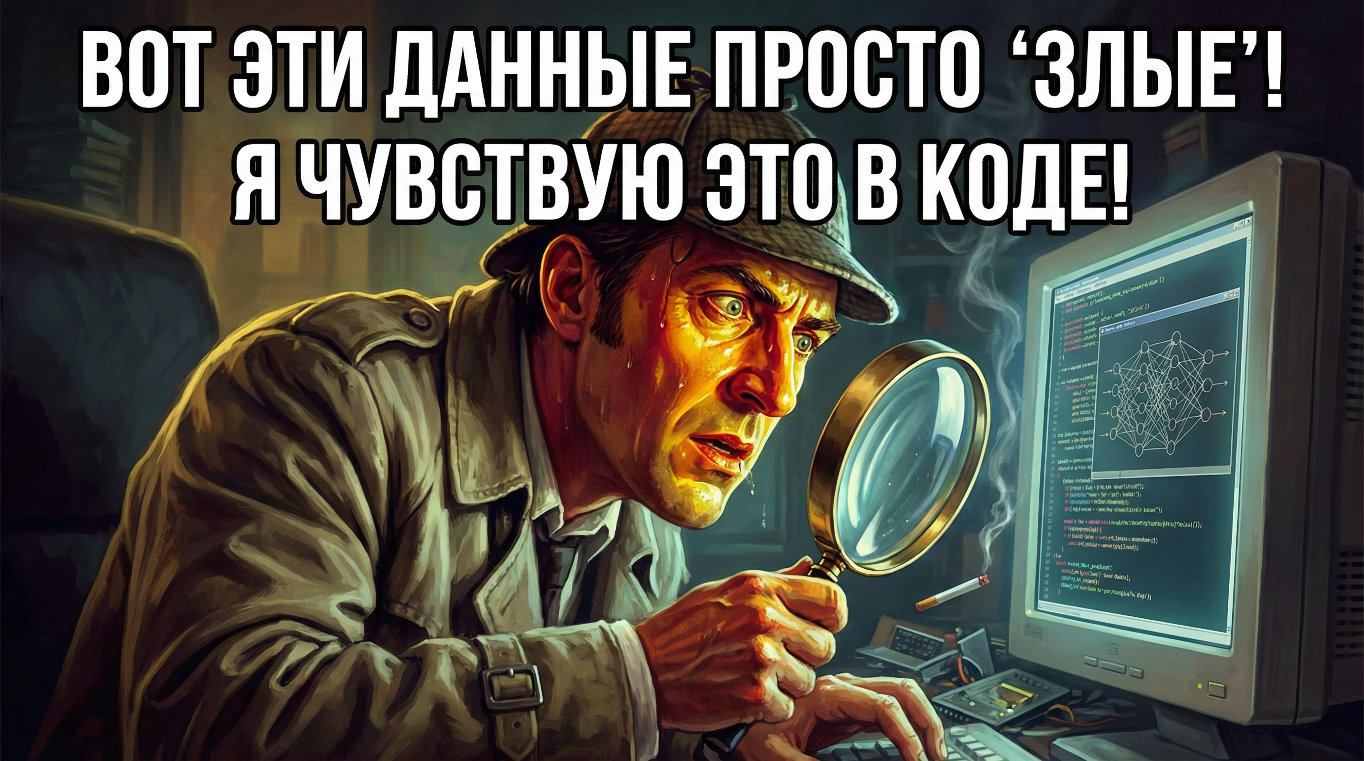 Шерлок Холмс с лупой смотрит на экран компьютера