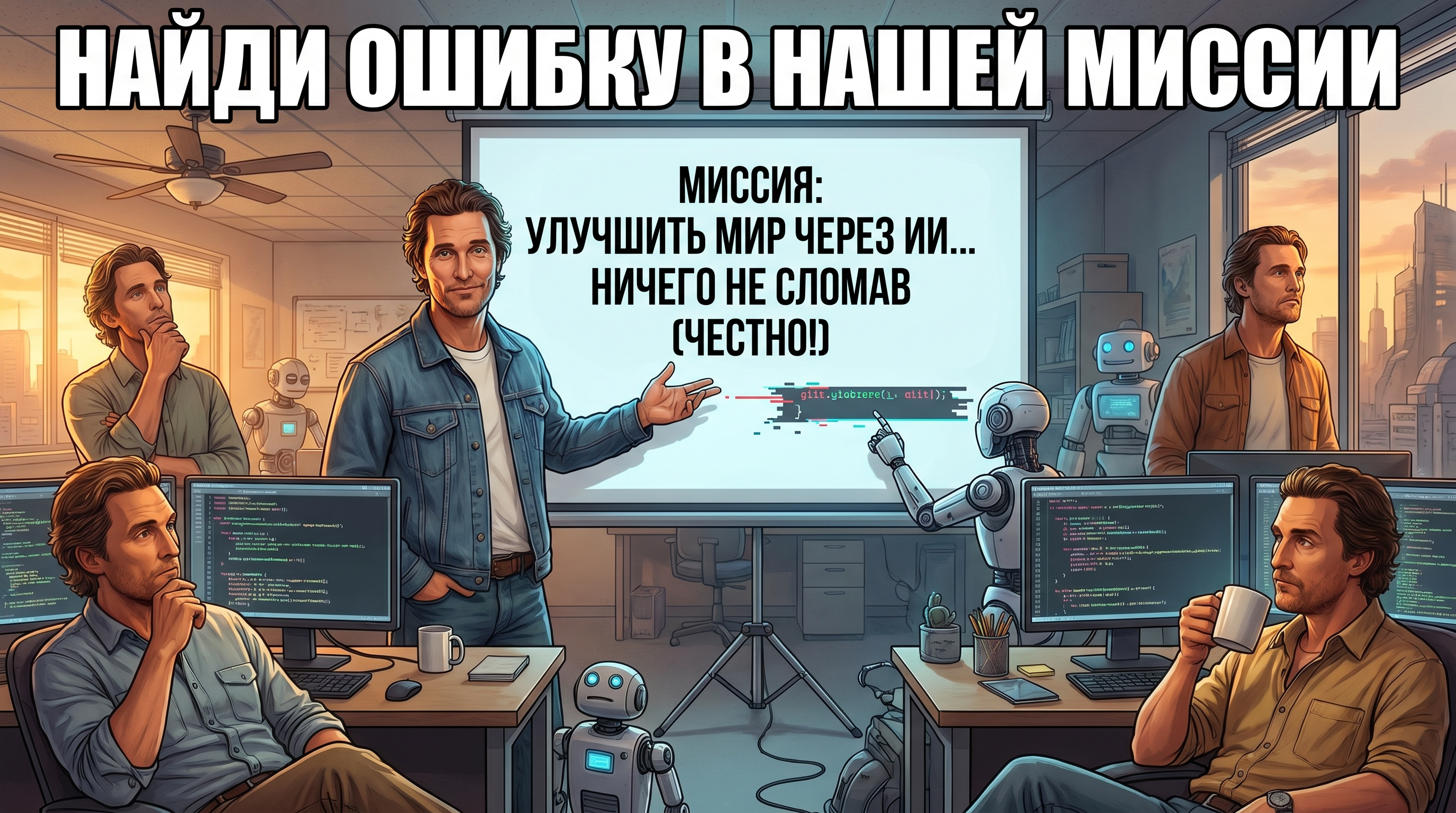 менеджер показывает слайд с миссией, все смотрят в разные стороны, текст: "найди ошибку в нашей миссии"