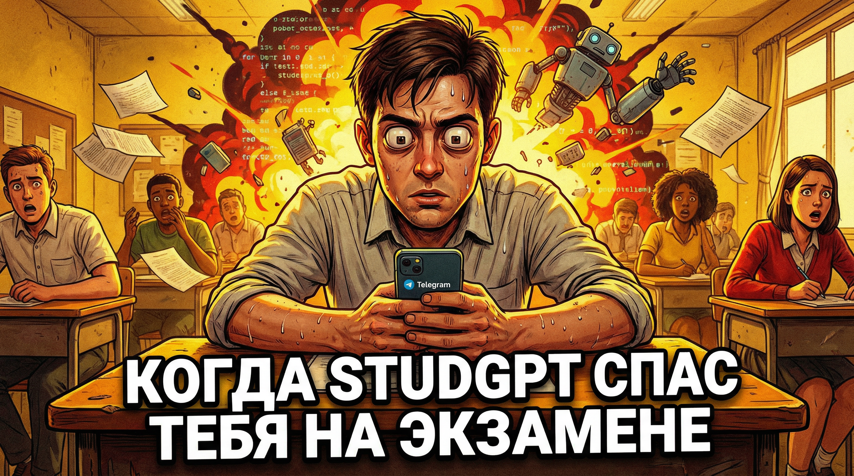 Студент сидит за партой, у него глаза квадратные, в руках телефон с открытым Telegram. Текст: "Когда StudGPT спас тебя на экзамене"
