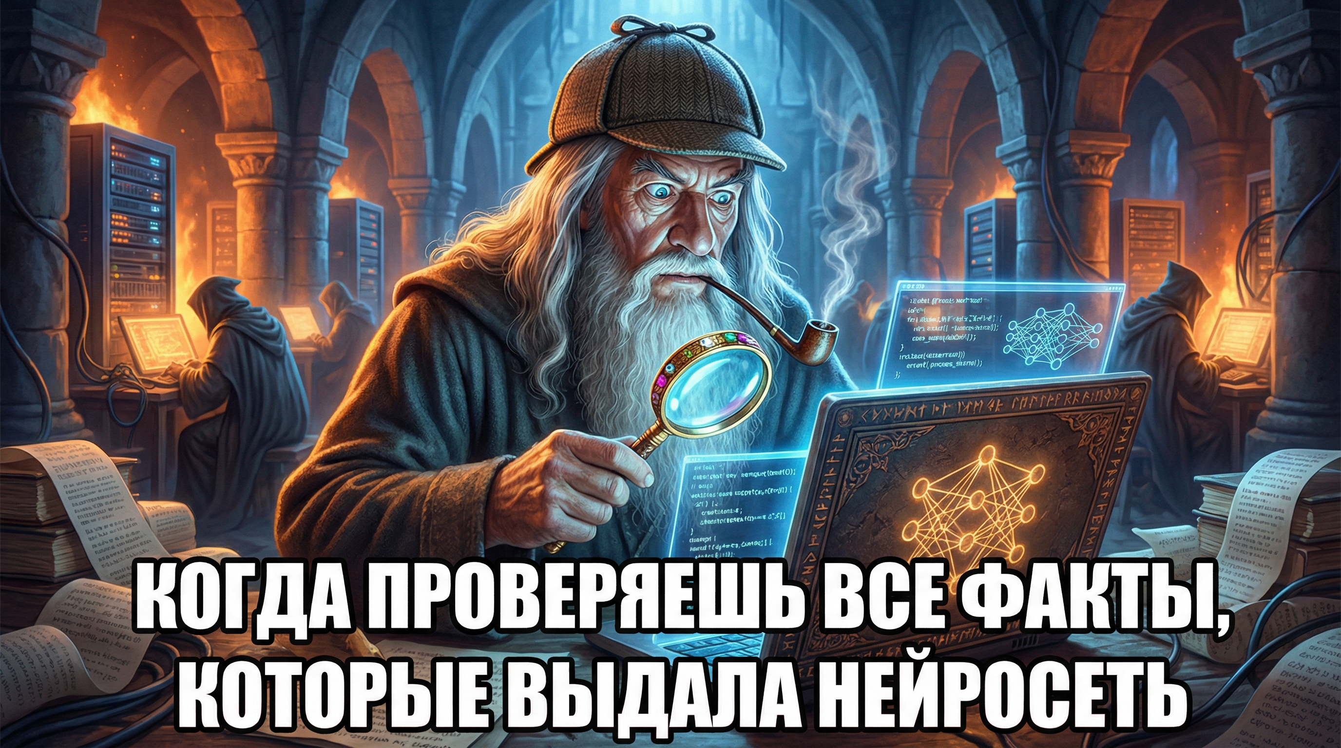 Шерлок Холмс с лупой внимательно изучает экран компьютера. Текст: "Когда проверяешь все факты, которые выдала нейросеть"