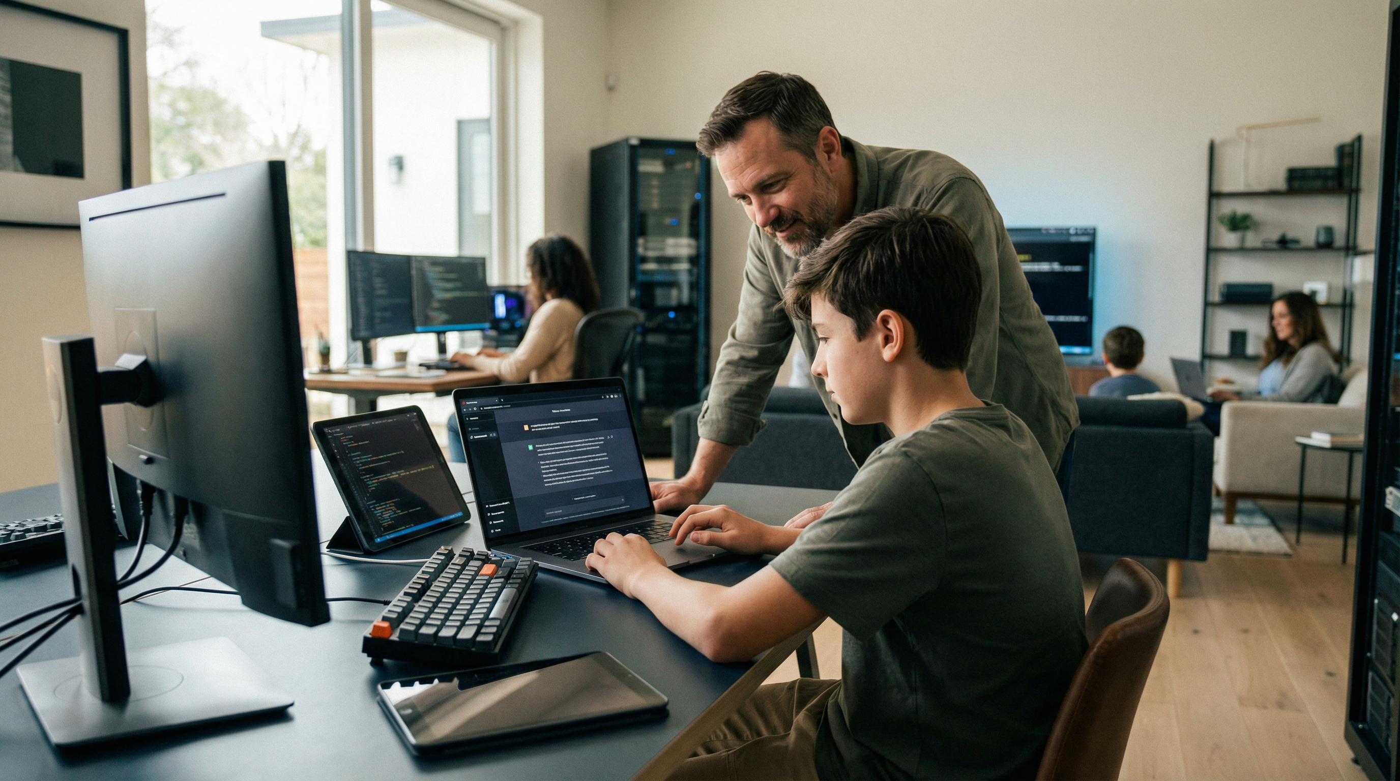 Сын делает домашнее задание, используя ChatGPT на ноутбуке