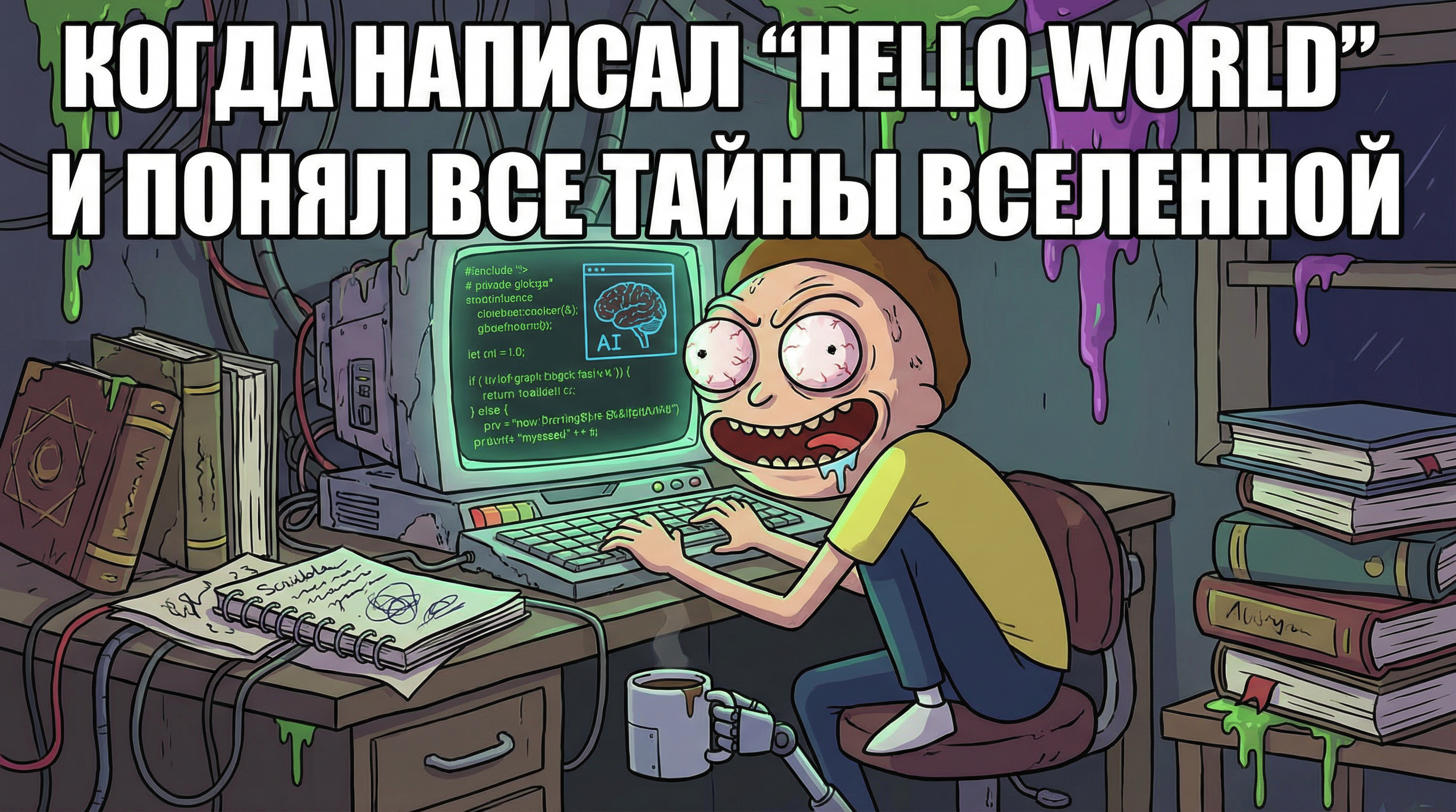 Ребенок с горящими глазами сидит за компьютером, вокруг него книги и тетради