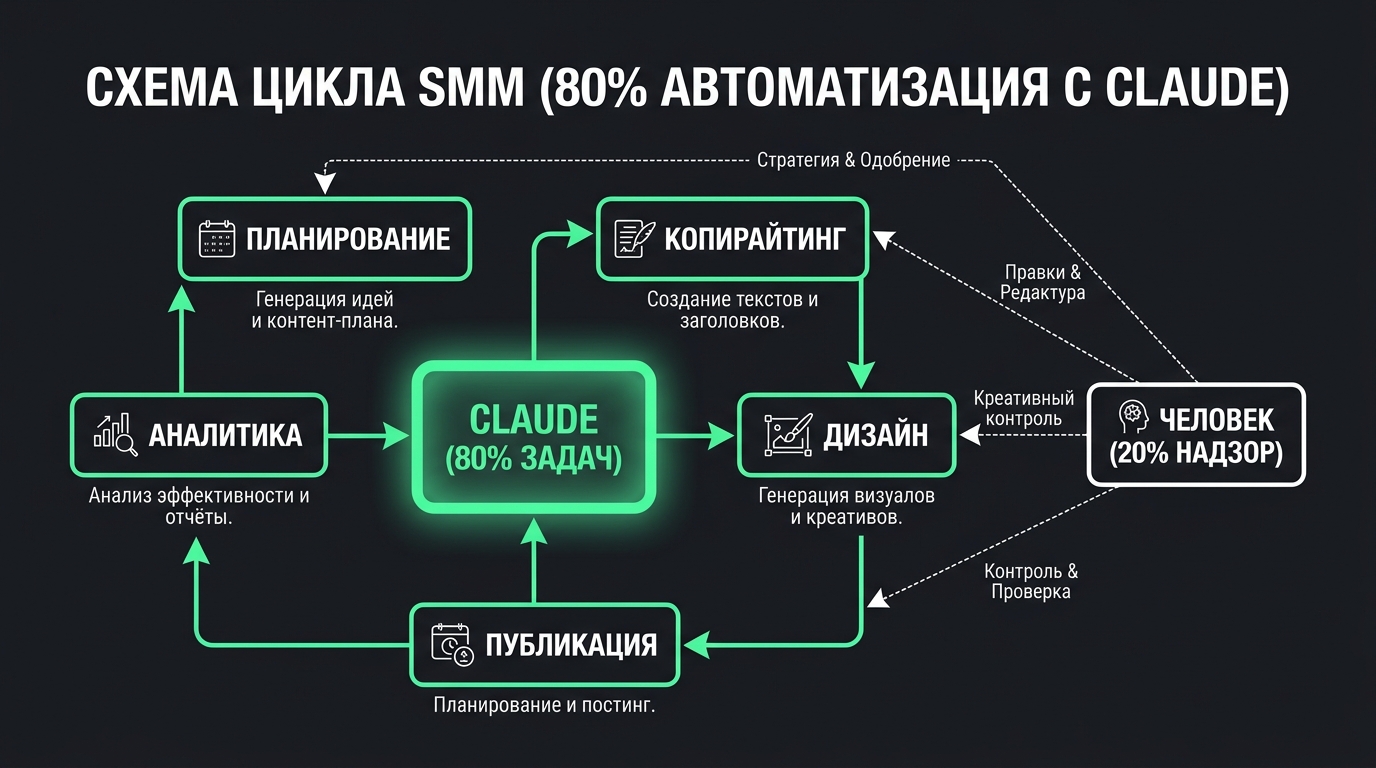 Схема цикла SMM, где Claude выполняет 80% задач: планирование, копирайтинг, дизайн, публикация, аналитика