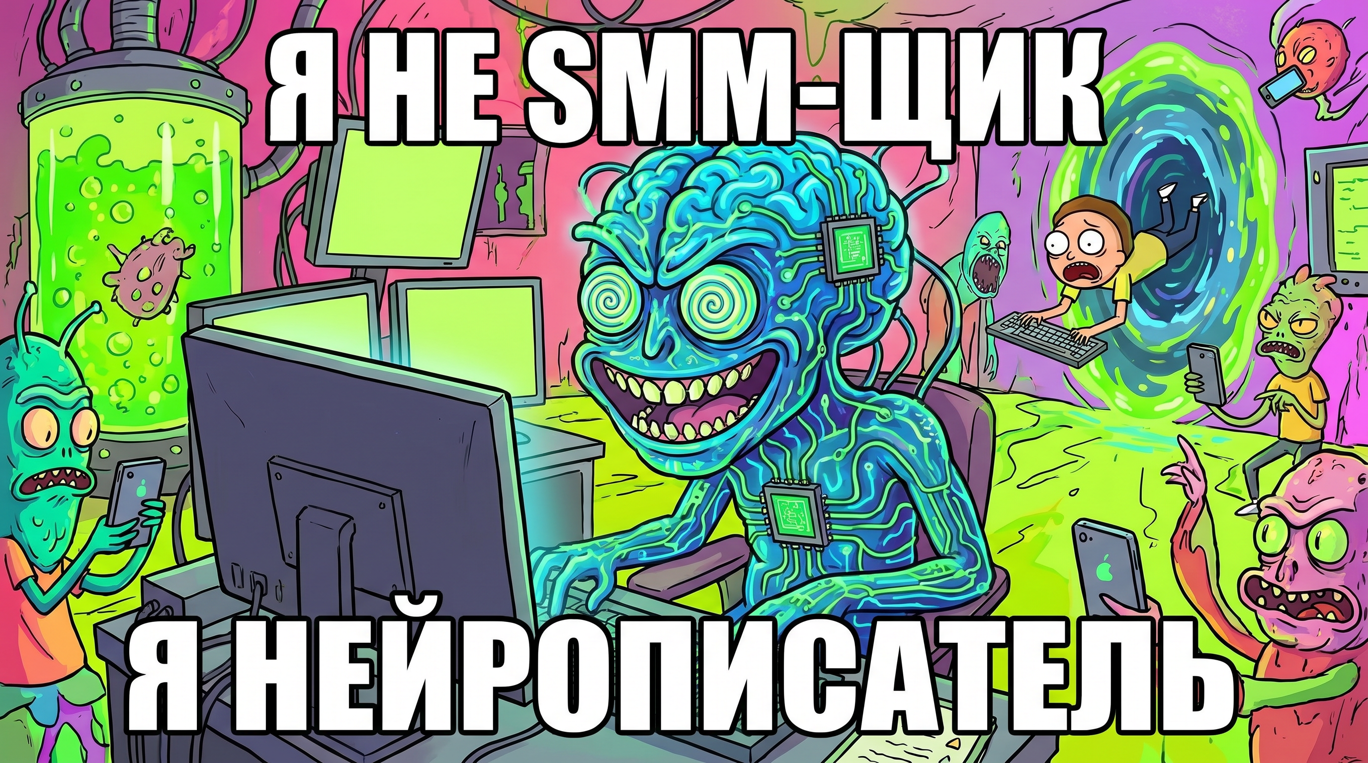 "Я не SMM-щик, я нейрописатель". Картинка нейросети с улыбкой