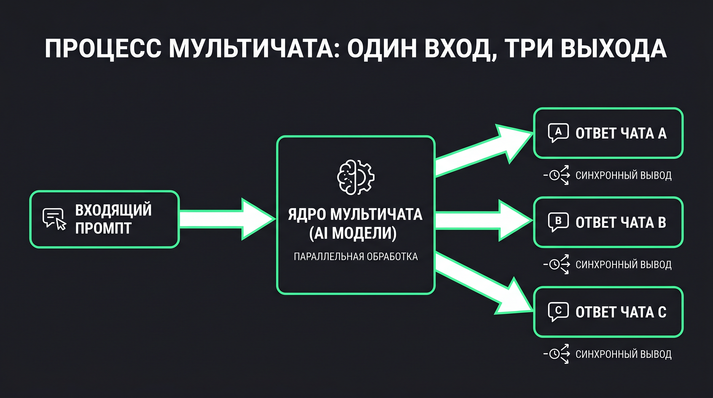схема процесса мультичата — один промпт входит, три окна-ответа выходят одновременно