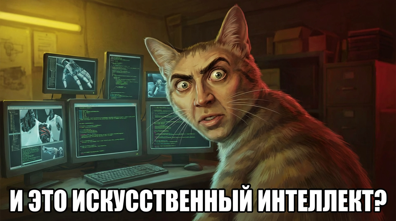 Скептически нахмуренный кот смотрит в камеру, текст "И это искусственный интеллект?"