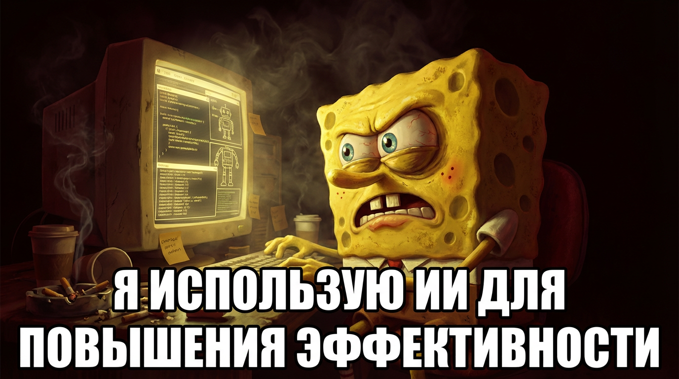 Спанч Боб сидит за компьютером в полной темноте, свет только от монитора, текст "Я использую ИИ для повышения эффективности"