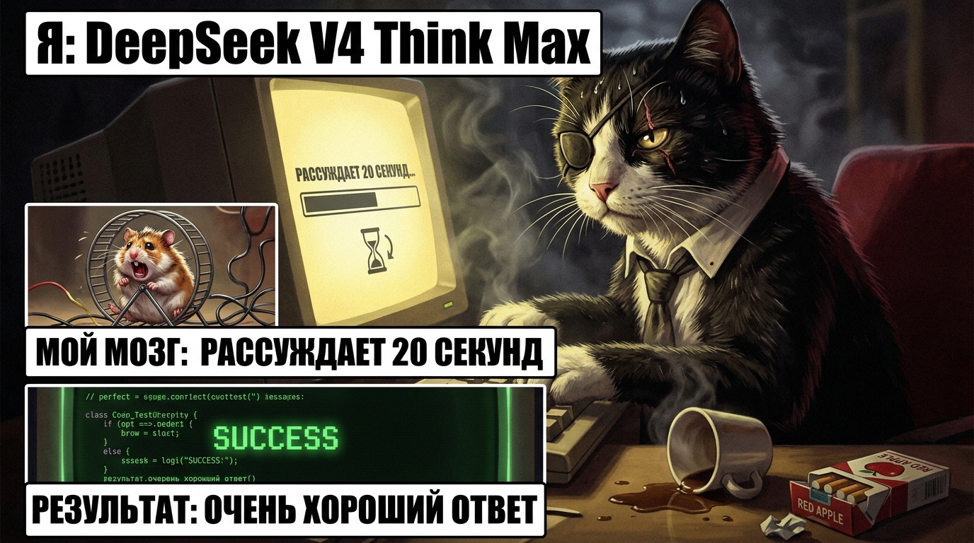 кот за компьютером, подпись "я": DeepSeek V4 Think Max, "мой мозг": рассуждает 20 секунд, "результат": очень хороший ответ