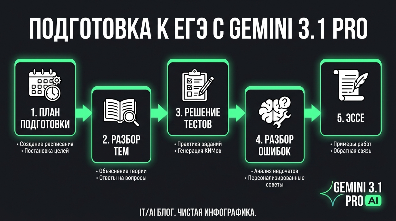 Схема "Подготовка к ЕГЭ с Gemini 3.1 Pro": 1. План подготовки -> 2. Разбор тем -> 3. Решение тестов -> 4. Разбор ошибок -> 5. Эссе