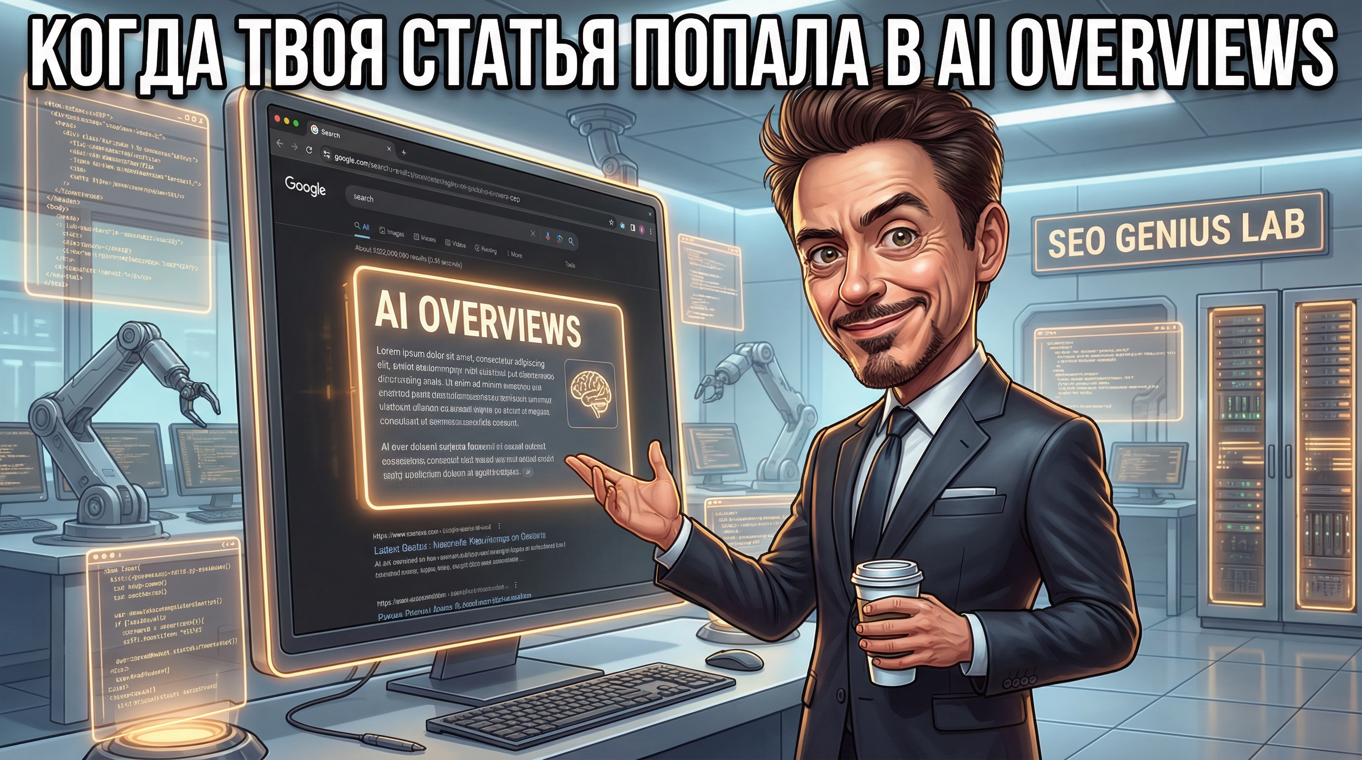 Мем про SEO-специалиста, который радуется, что его статья появилась в AI Overviews