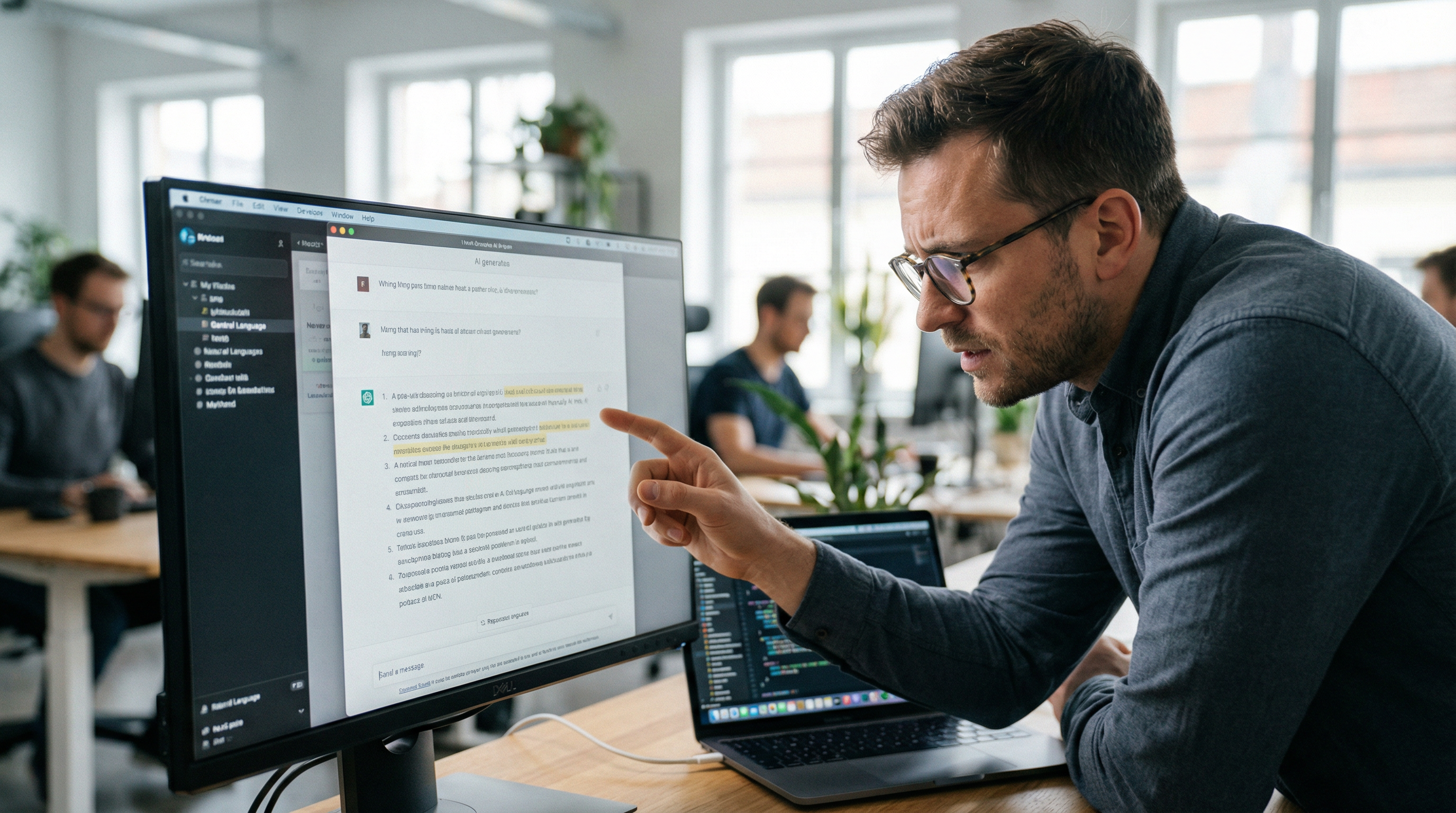 Человек сидит за компьютером и внимательно проверяет текст, сгенерированный нейросетью