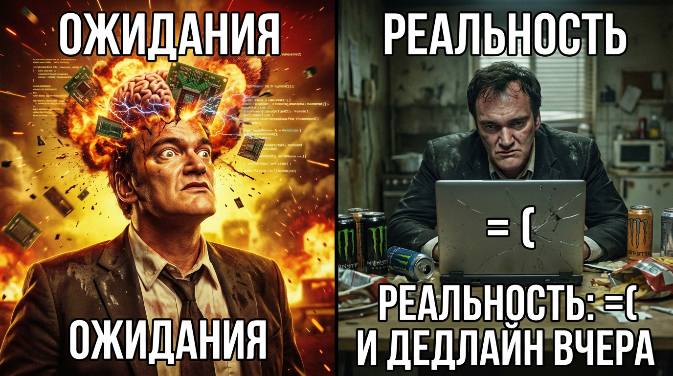 Мем про ожидания vs реальность, где в ожиданиях - взрыв мозга от гениальности, а в реальности - грустный смайлик.