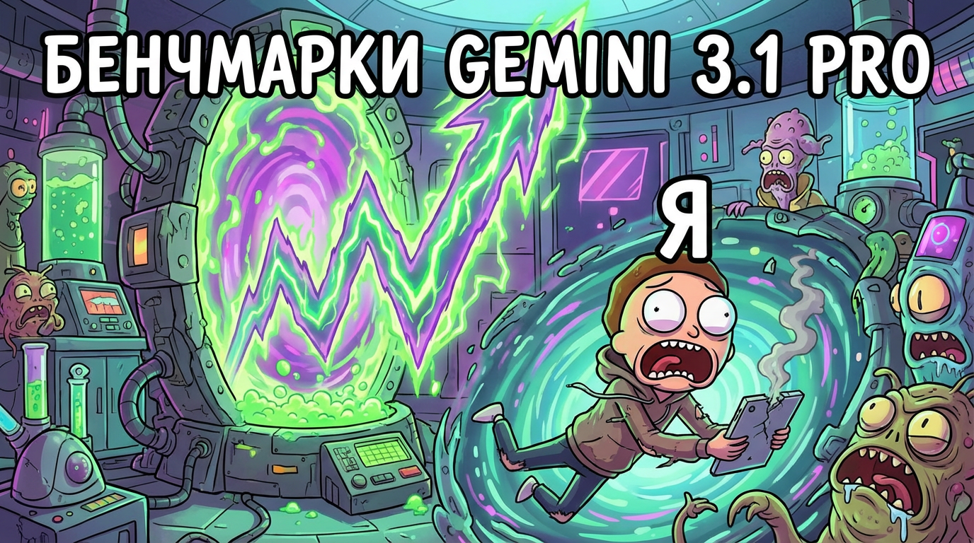 График с огромным пиком вверх, подпись "Бенчмарки Gemini 3.1 Pro", а рядом падающий человечек и подпись "Я"