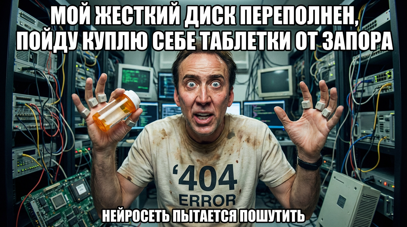 Нейросеть пытается пошутить, текст на картинке "Мой жесткий диск переполнен, пойду куплю себе таблетки от запора"