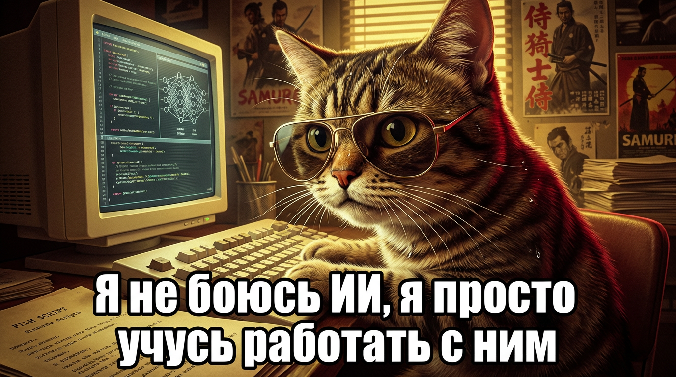 Кот печатает на клавиатуре, подпись "Я не боюсь ИИ, я просто учусь работать с ним"