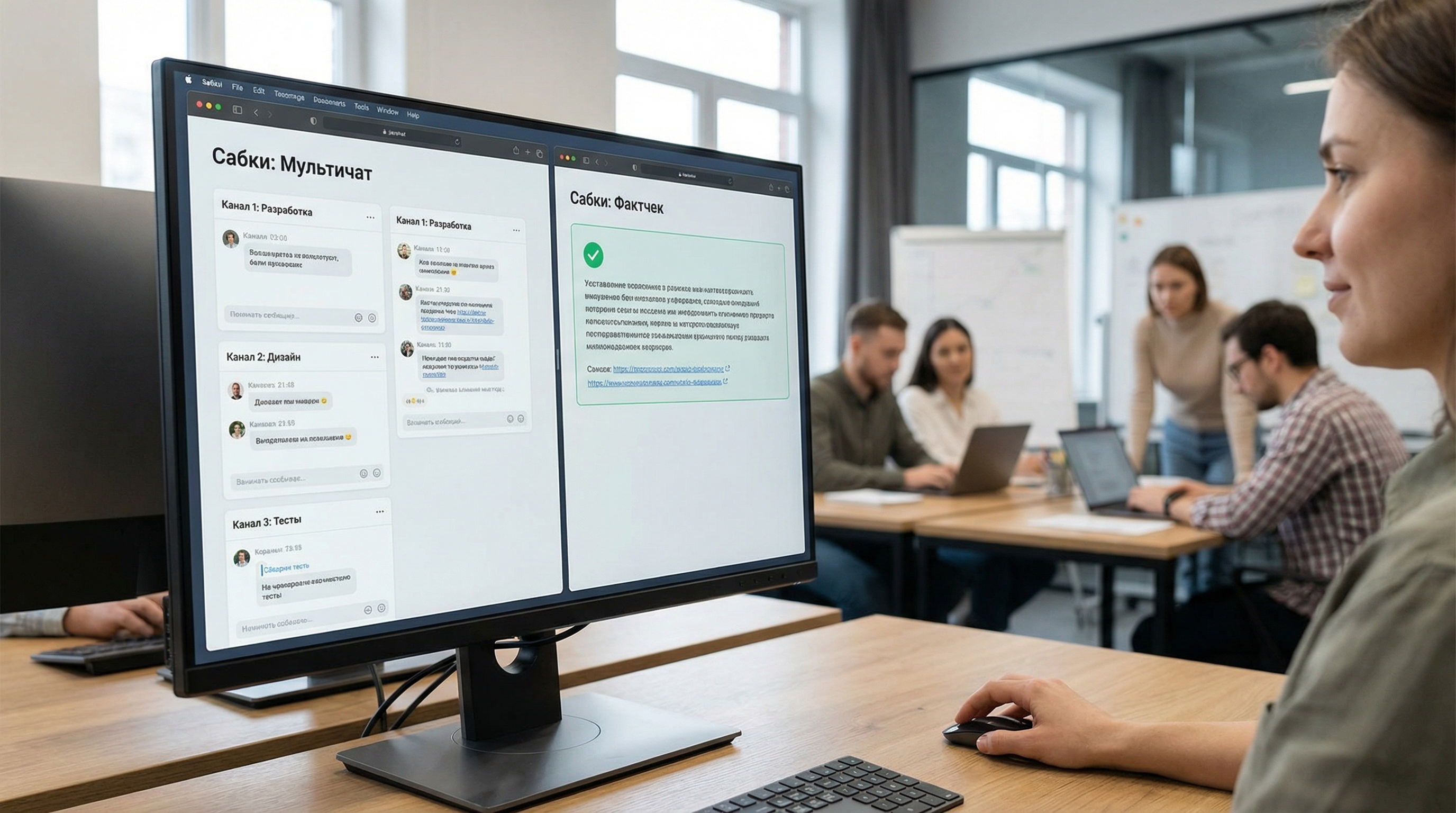 Скриншот интерфейса Сабки с примером мультичата и фактчека