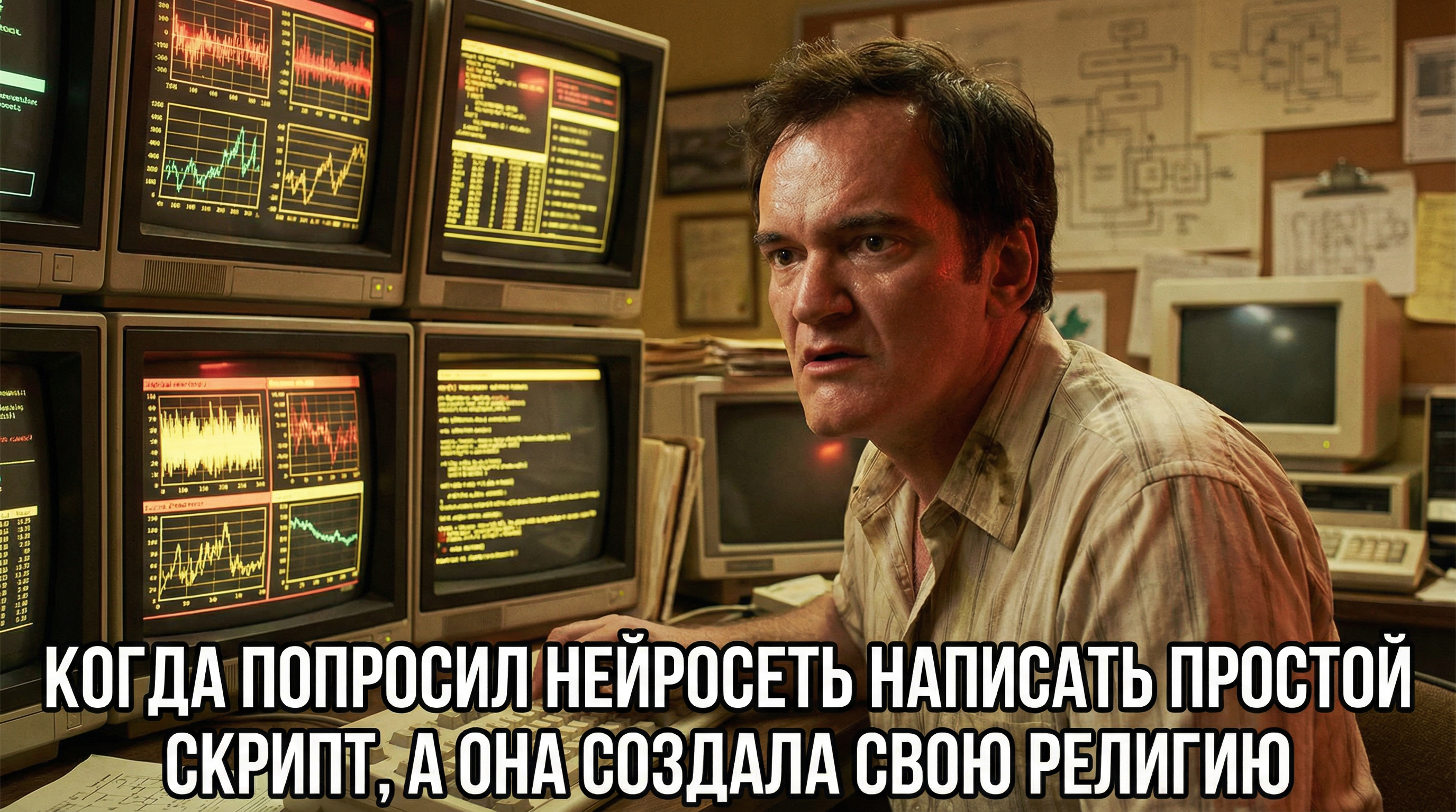 Сгенерированное нейросетью изображение: человек смотрит на экран с кучей графиков и выражением крайнего непонимания на лице