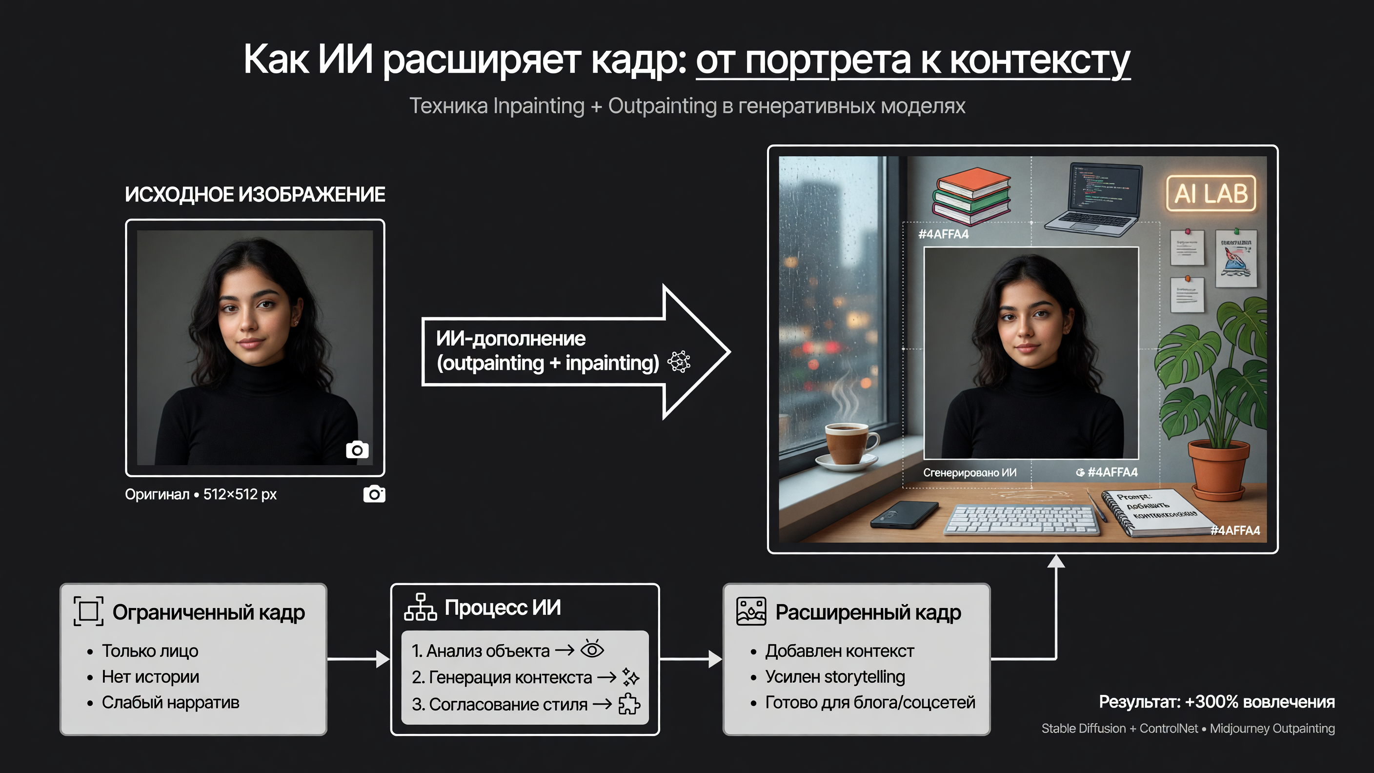 слева исходное фото (портрет в квадрате), справа это же фото но в центре большего квадрата с дорисованным контекстом вокруг