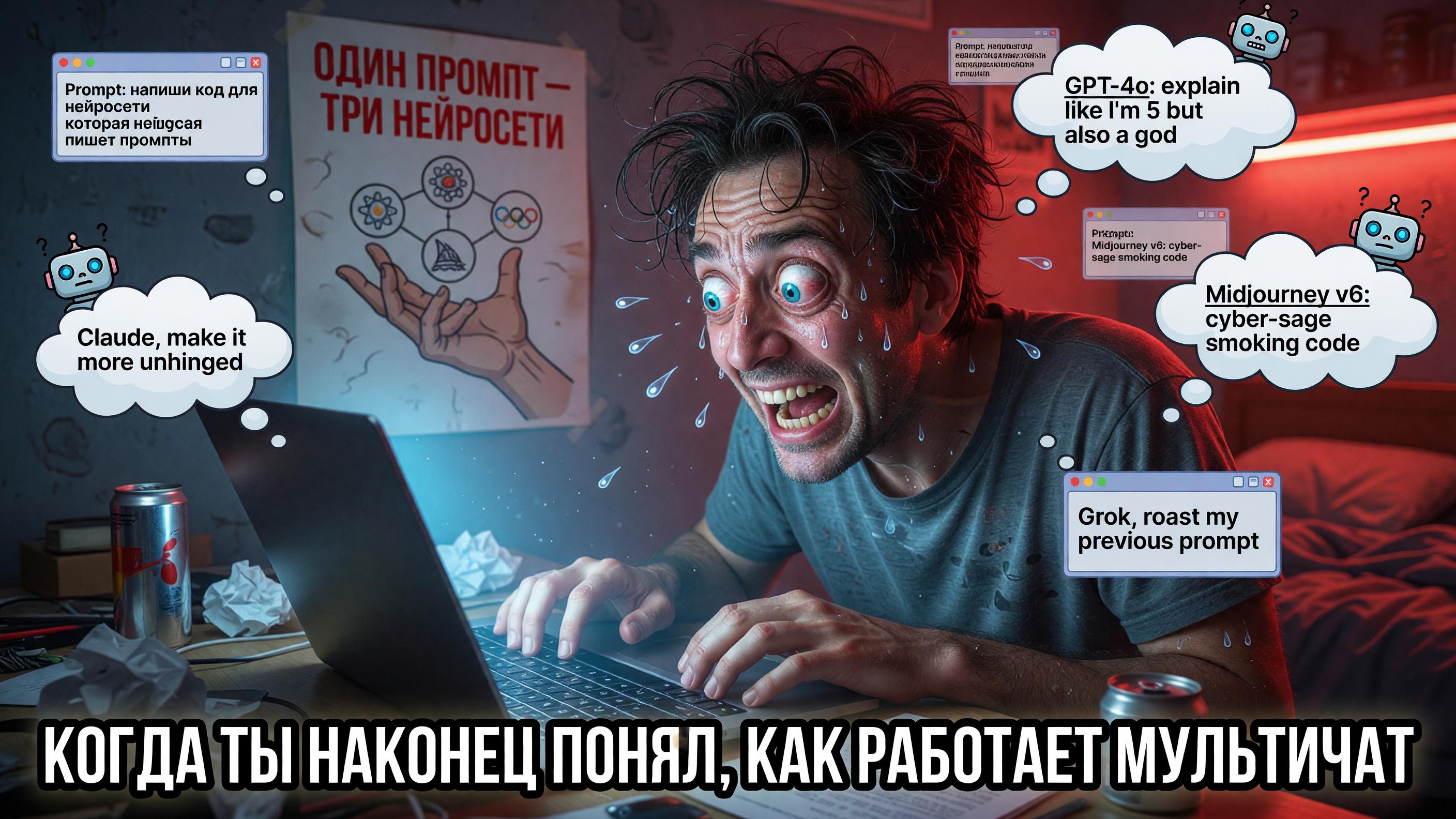 Человек потеет над клавиатурой, множество окон с промптами, на стене плакат "Один промпт — три нейросети", внизу текст "Когда ты наконец понял, как работает мультичат"