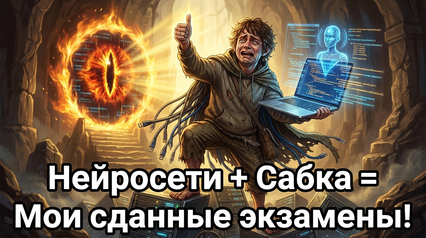 Студент радостно показывает палец вверх, текст на картинке: "Нейросети + Сабка = Мои сданные экзамены!"