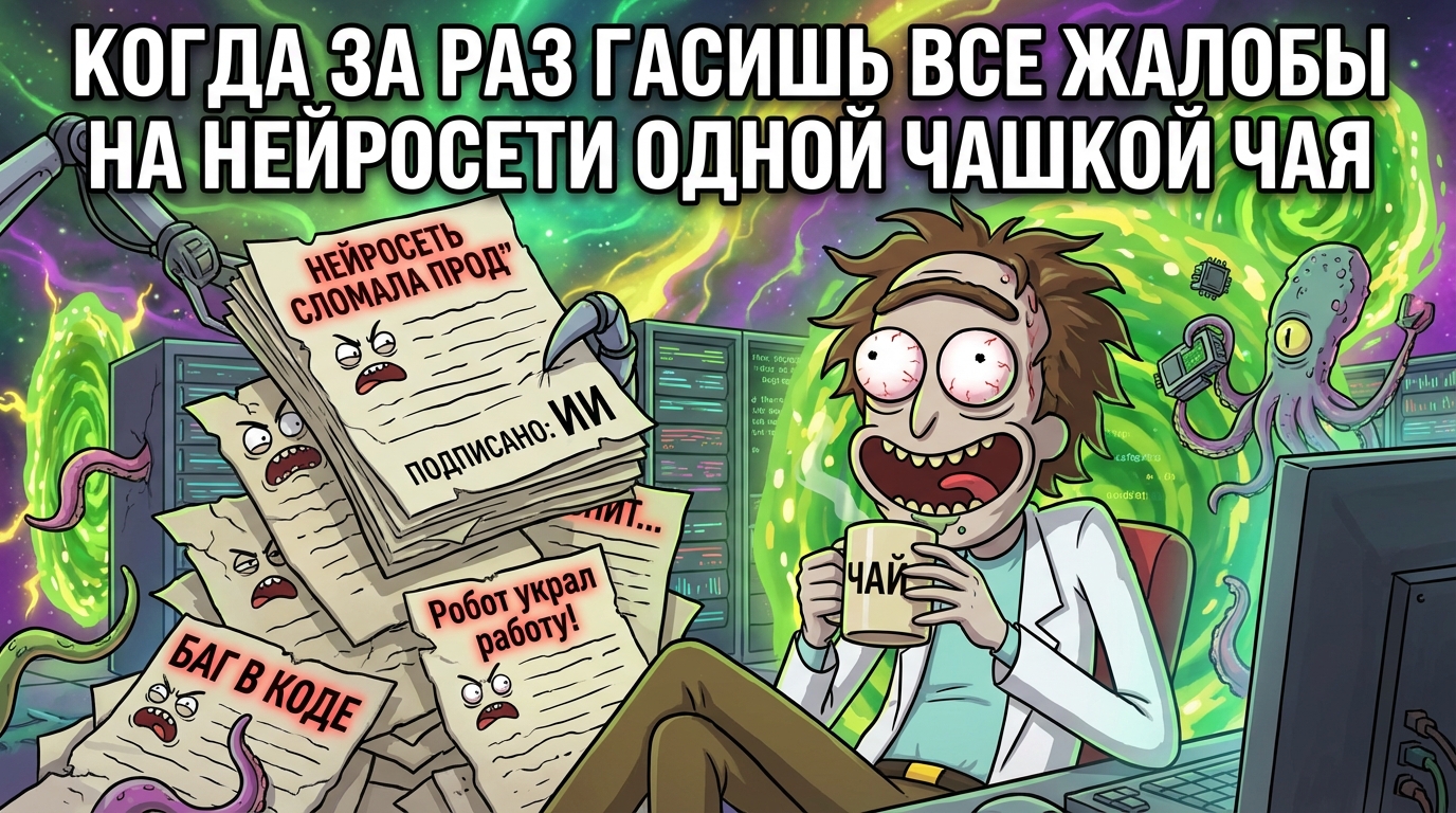 Изображение довольного человека, пьющего чай на фоне стопки подписанных жалоб