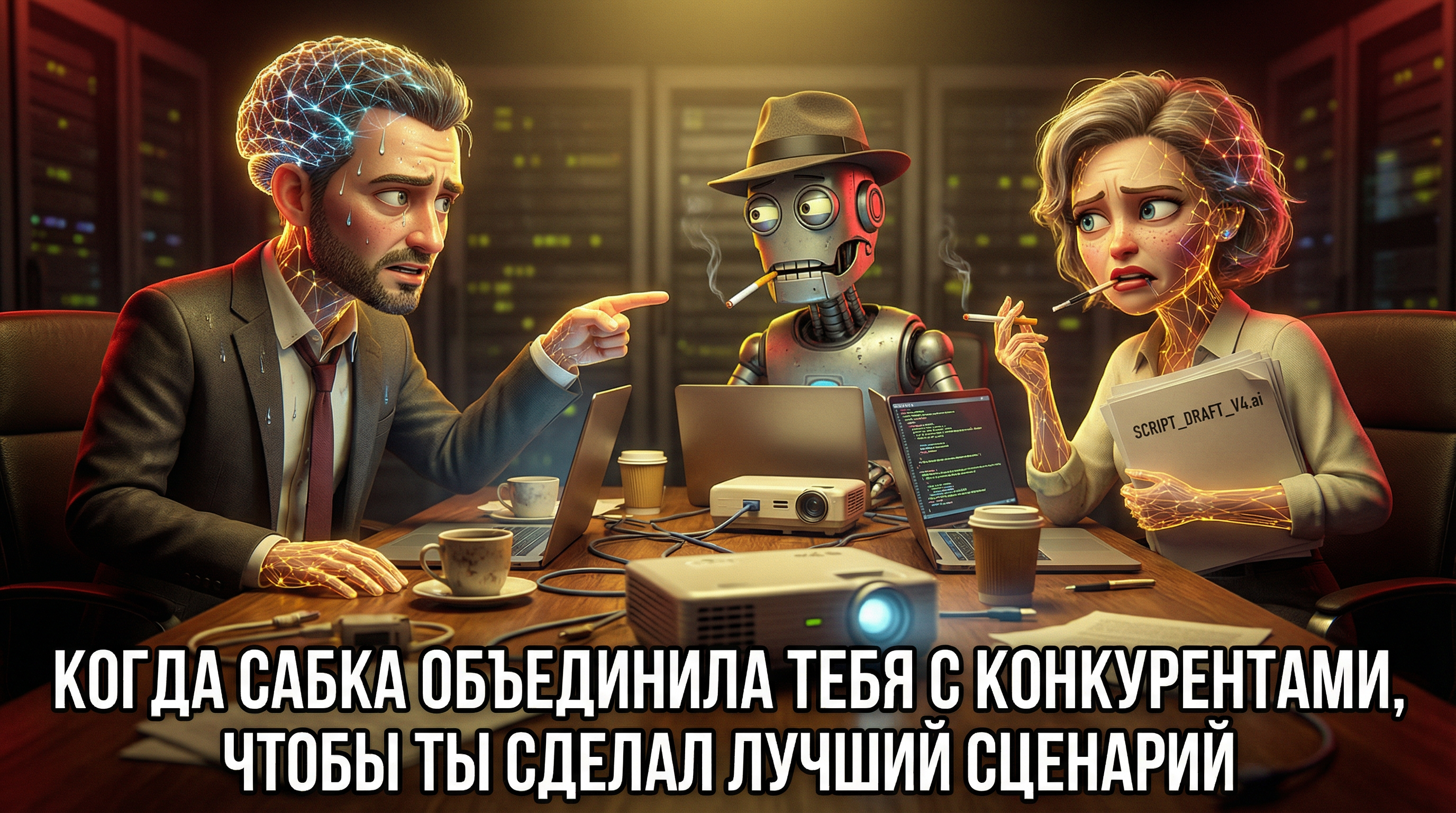 Три нейросети сидят за столом переговоров. Текст: "Когда Сабка объединила тебя с конкурентами, чтобы ты сделал лучший сценарий"