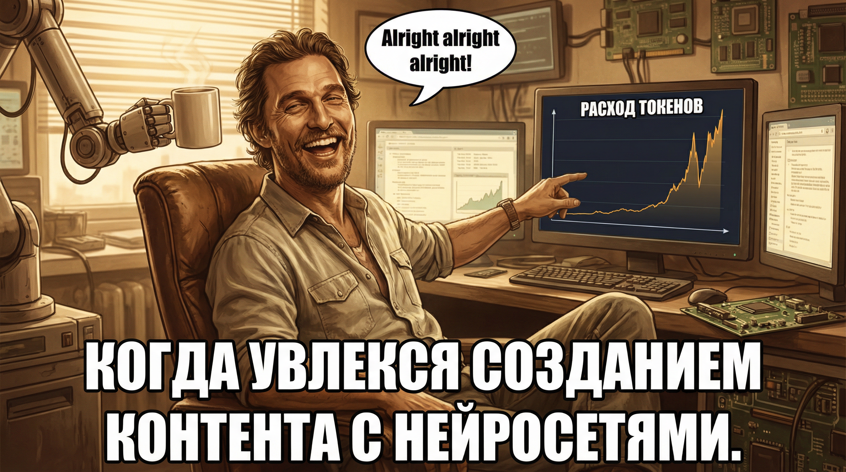 Илон Маск смотрит на график расхода токенов. Текст: "Когда увлекся созданием контента с нейросетями"