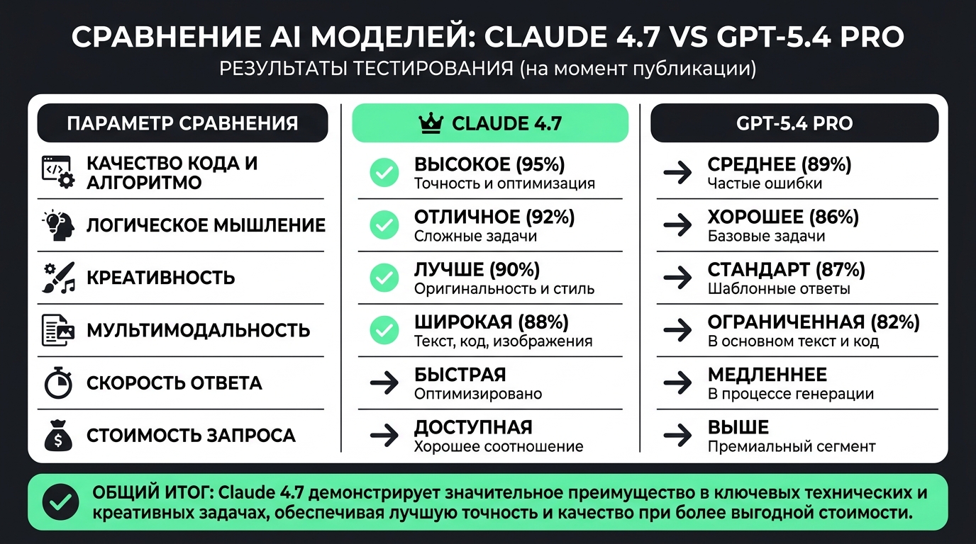 таблица с результатами тестов Claude 4.7 и GPT-5.4 Pro, Claude выигрывает в большинстве пунктов