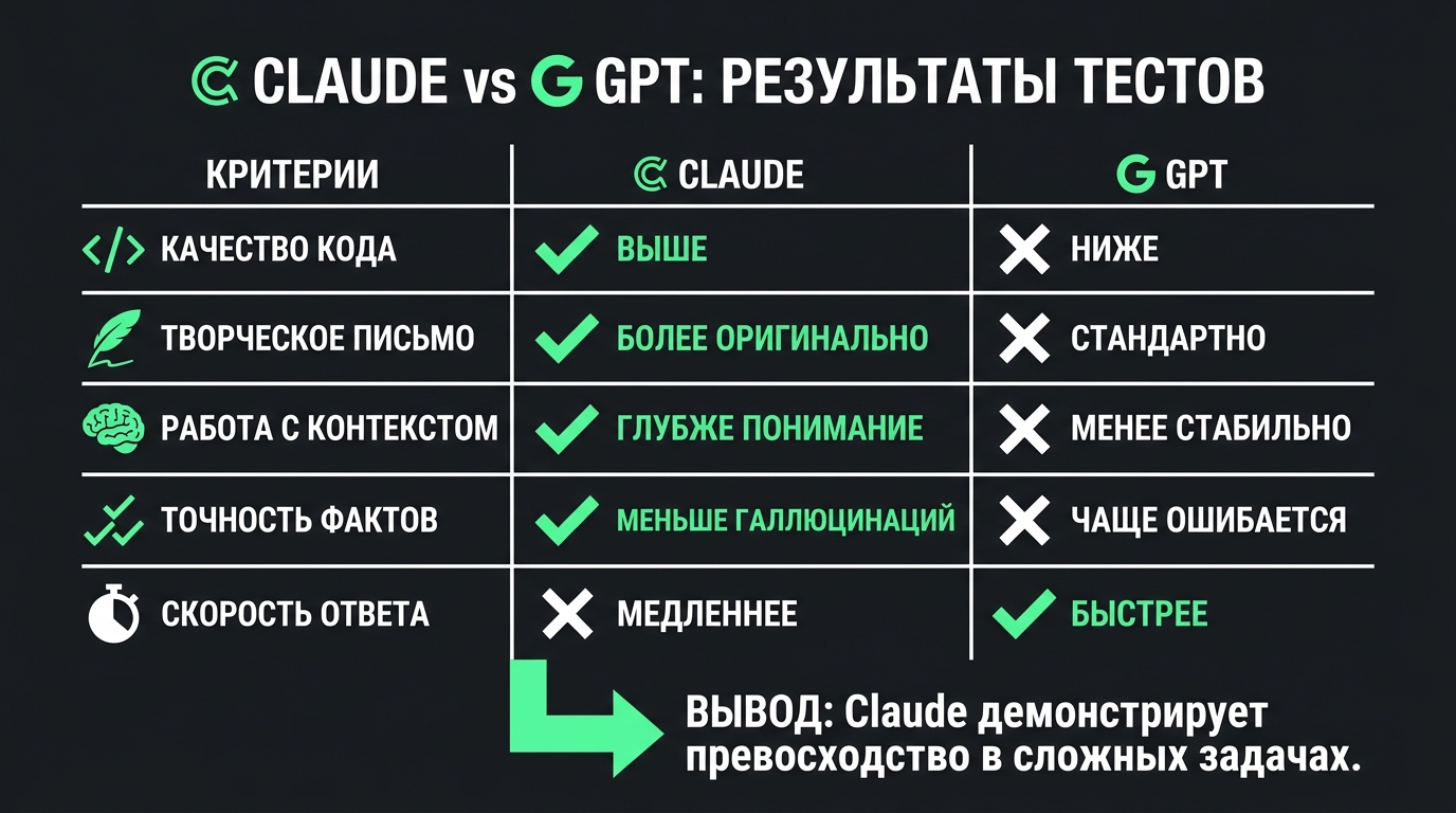 таблица с результатами тестов Claude и GPT, Claude выигрывает в большинстве пунктов