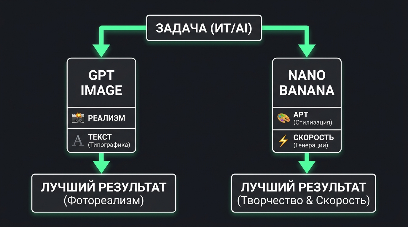две стрелки от "задачи" расходятся на GPT Image и Nano Banana, каждая стрелка показывает лучший результат для своего типа картинки (реализм и текст для GPT, арт и скорость для Nano Banana)