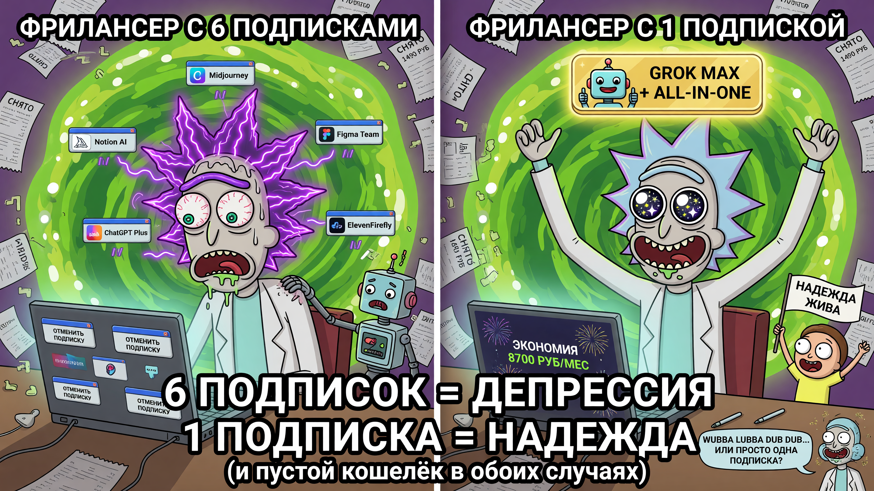 фрилансер, который платит за 6 отдельных подписок — у него есть депрессия; фрилансер с одной подпиской — у него есть надежда
