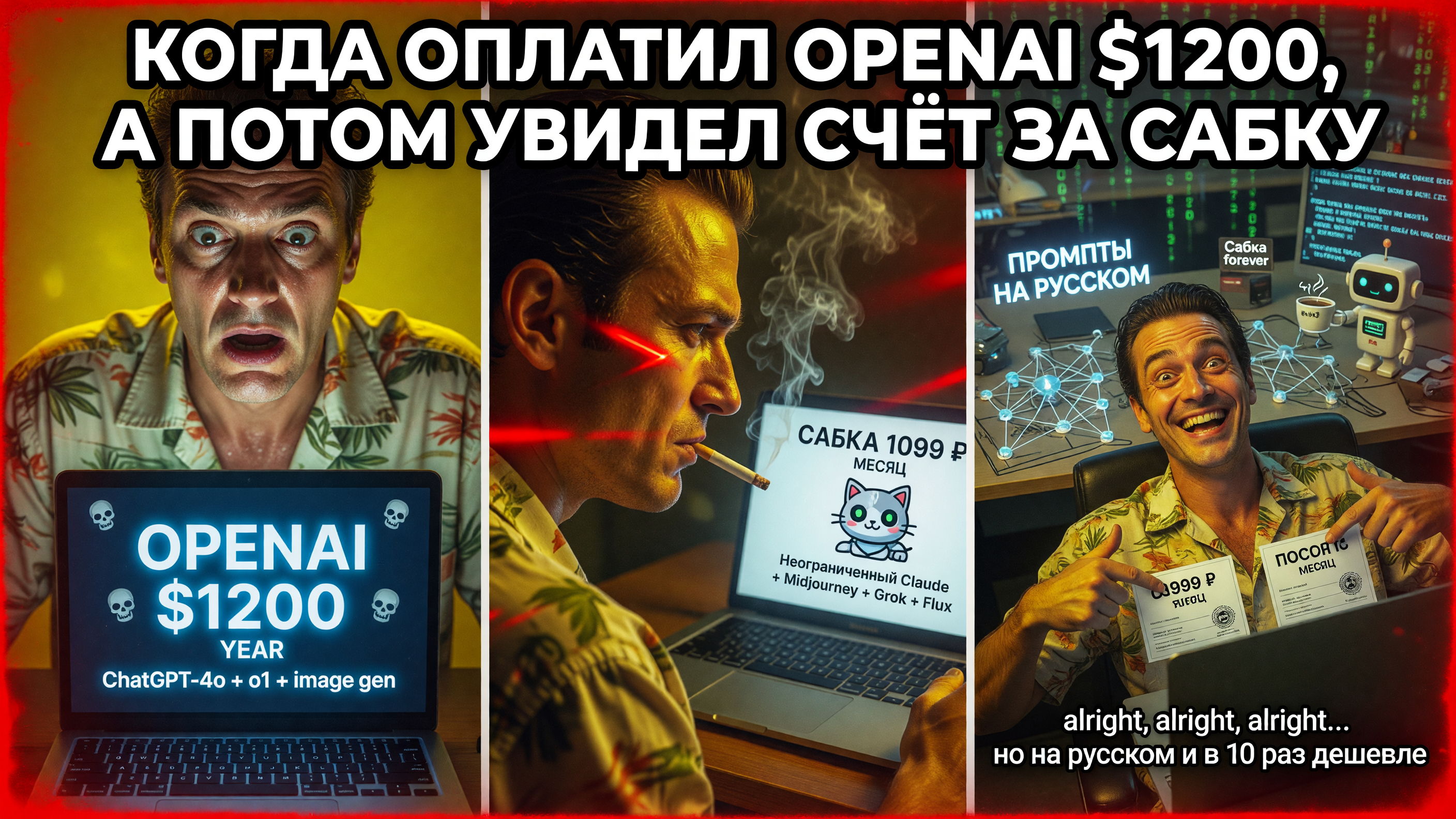 копирайтер смотрит на счёт OpenAI ($1200 в год), потом смотрит на счёт Сабки (1099 ₽ в месяц), потом улыбается