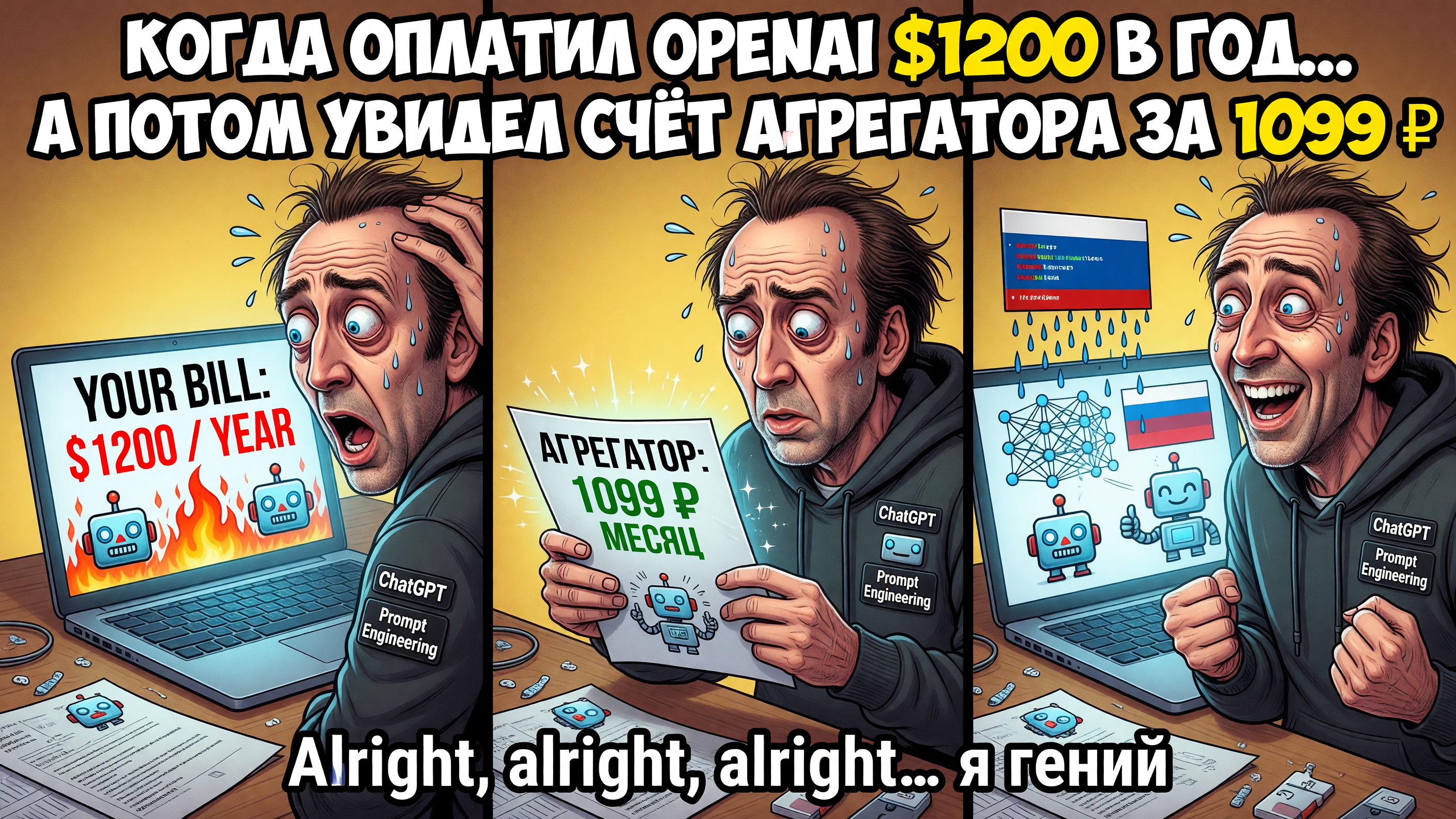 копирайтер смотрит на счёт OpenAI ($1200 в год), потом смотрит на счёт агрегатора (1099 ₽ в месяц), потом улыбается