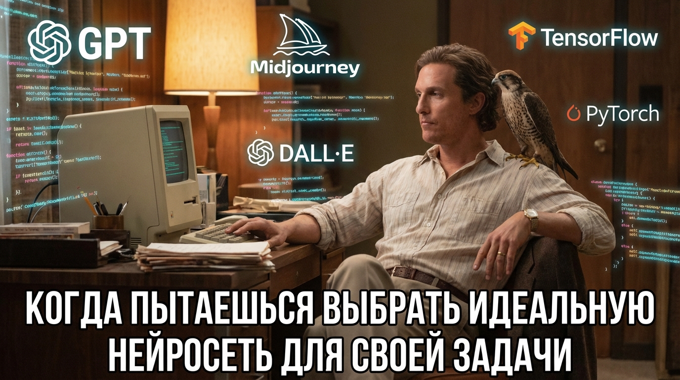 Парень сидит за компом, вокруг него летают строчки кода и логотипы разных нейросетей. Подпись: "Когда пытаешься выбрать идеальную нейросеть для своей задачи"