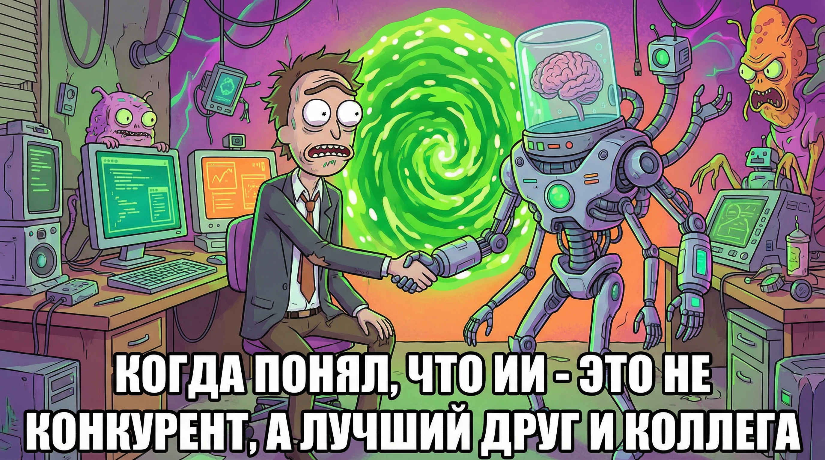 Маркетолог и нейросеть сидят рядом за столом и жмут друг другу руки. Подпись: "Когда понял, что ИИ - это не конкурент, а лучший друг и коллега"