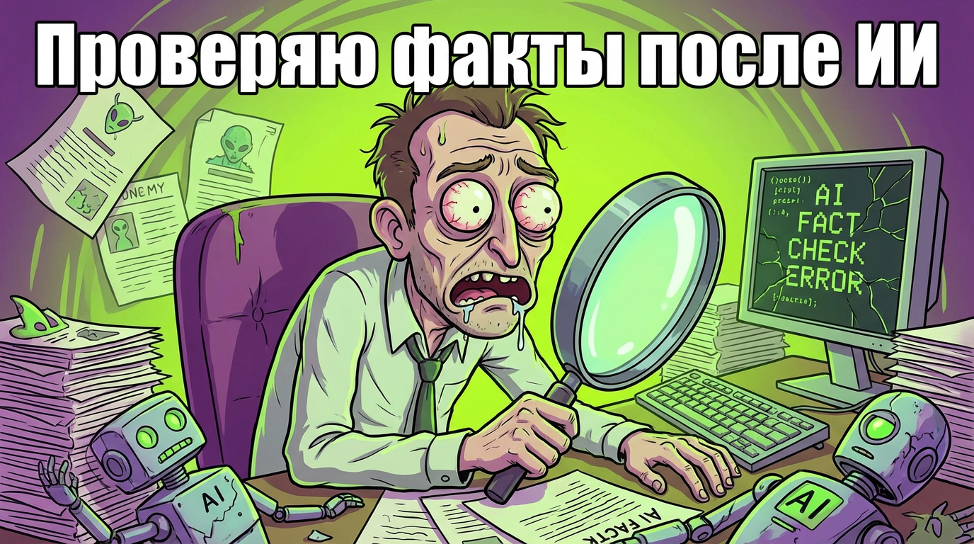 Сидит грустный мужик за столом, перед ним гора бумаг, в руках лупа, подпись: "Проверяю факты после ИИ"