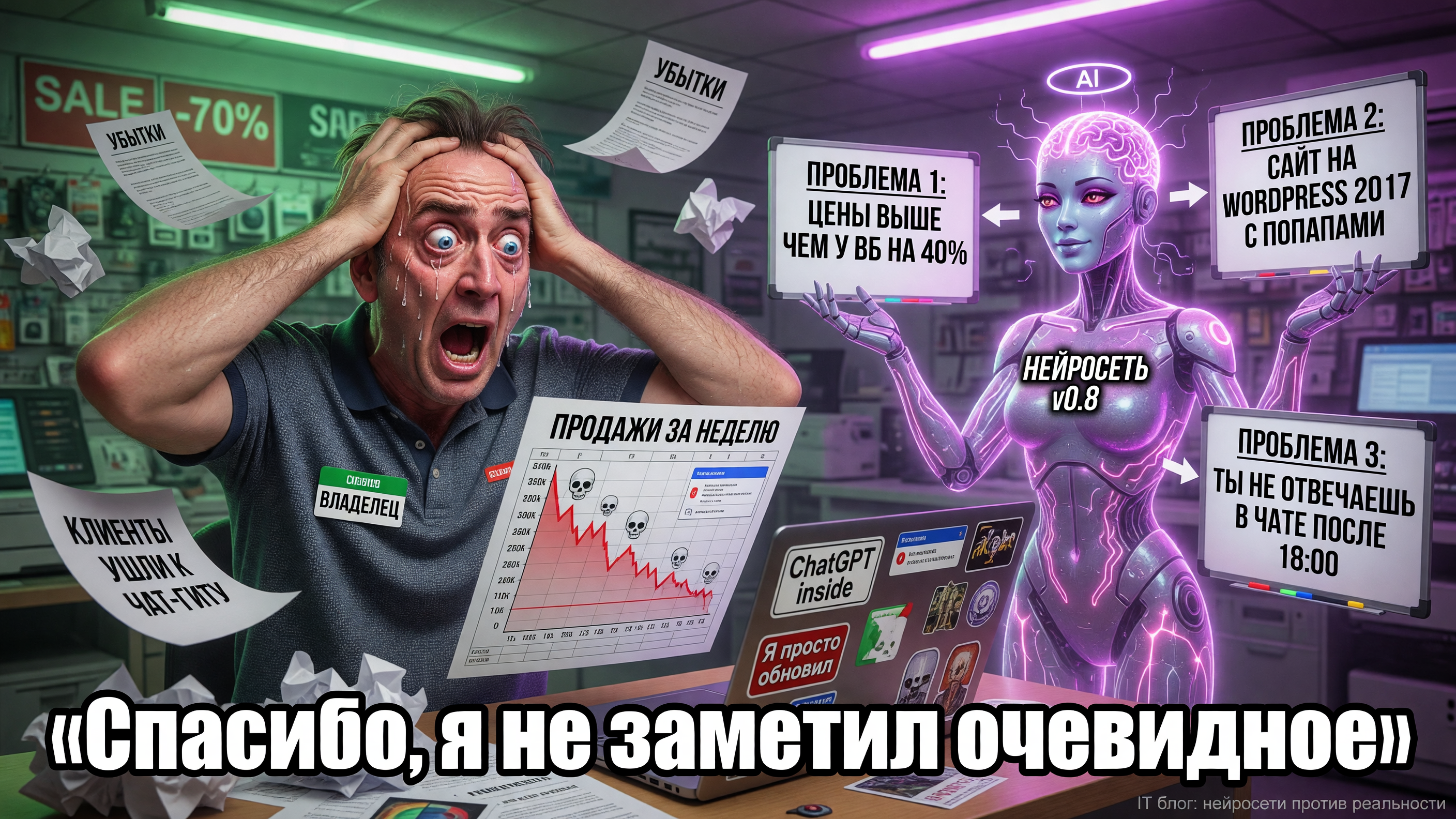 Владелец магазина смотрит на цифры падения продаж с выражением отчаяния; нейросеть рядом с диаграммой показывает три проблемы на доске; внизу текст «Спасибо, я не заметил очевидное»