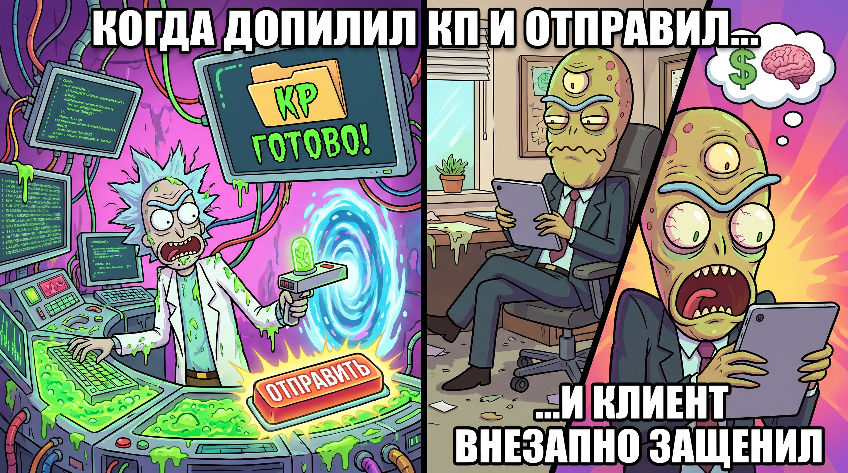 KP готово, отправляется клиенту, клиент читает — на лице эмоция перехода от скепсиса к вниманию