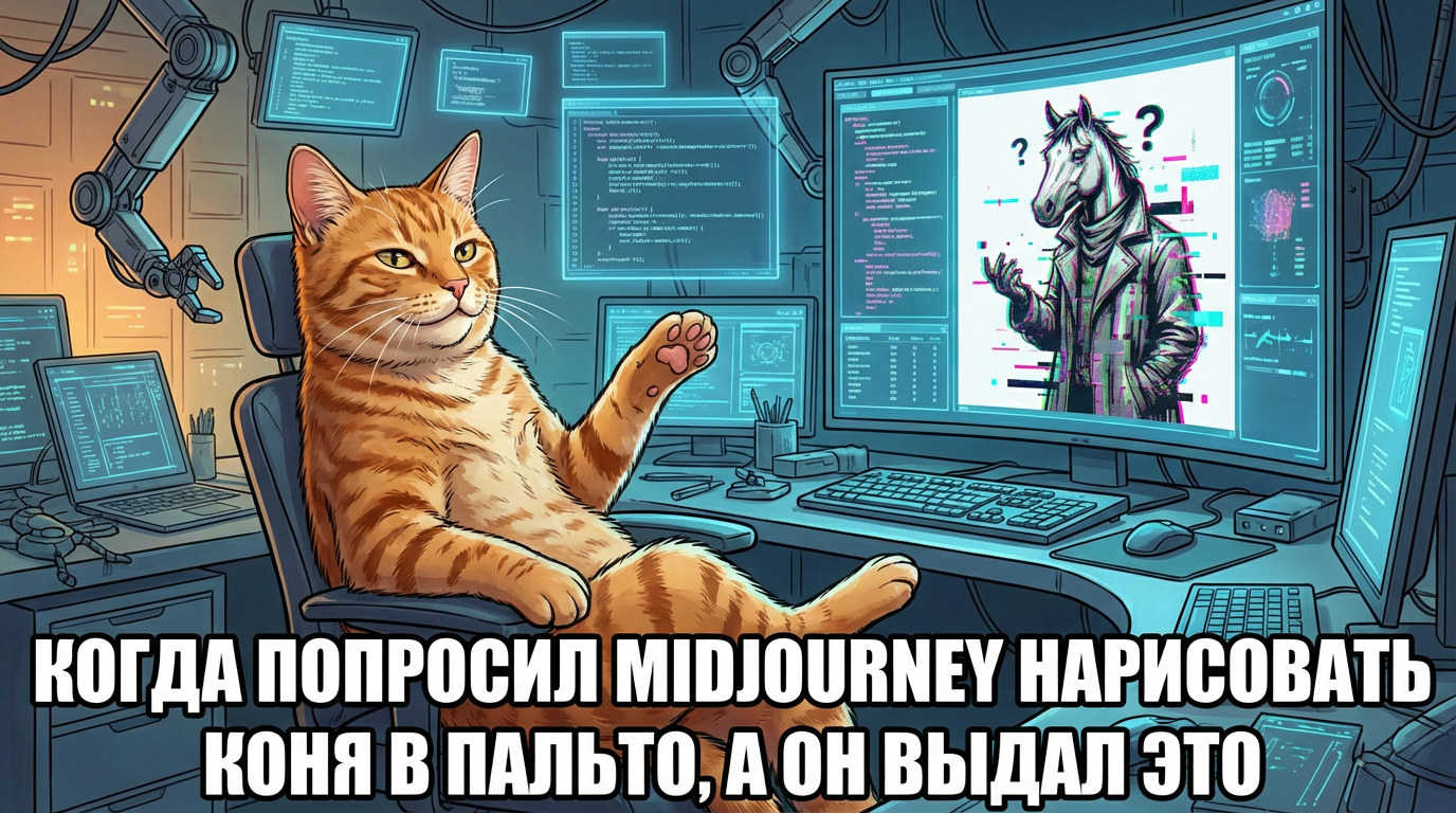 Сидит кошка за компом, смотрит с недоумением на экран, текст "Когда попросил Midjourney нарисовать коня в пальто, а он выдал это"