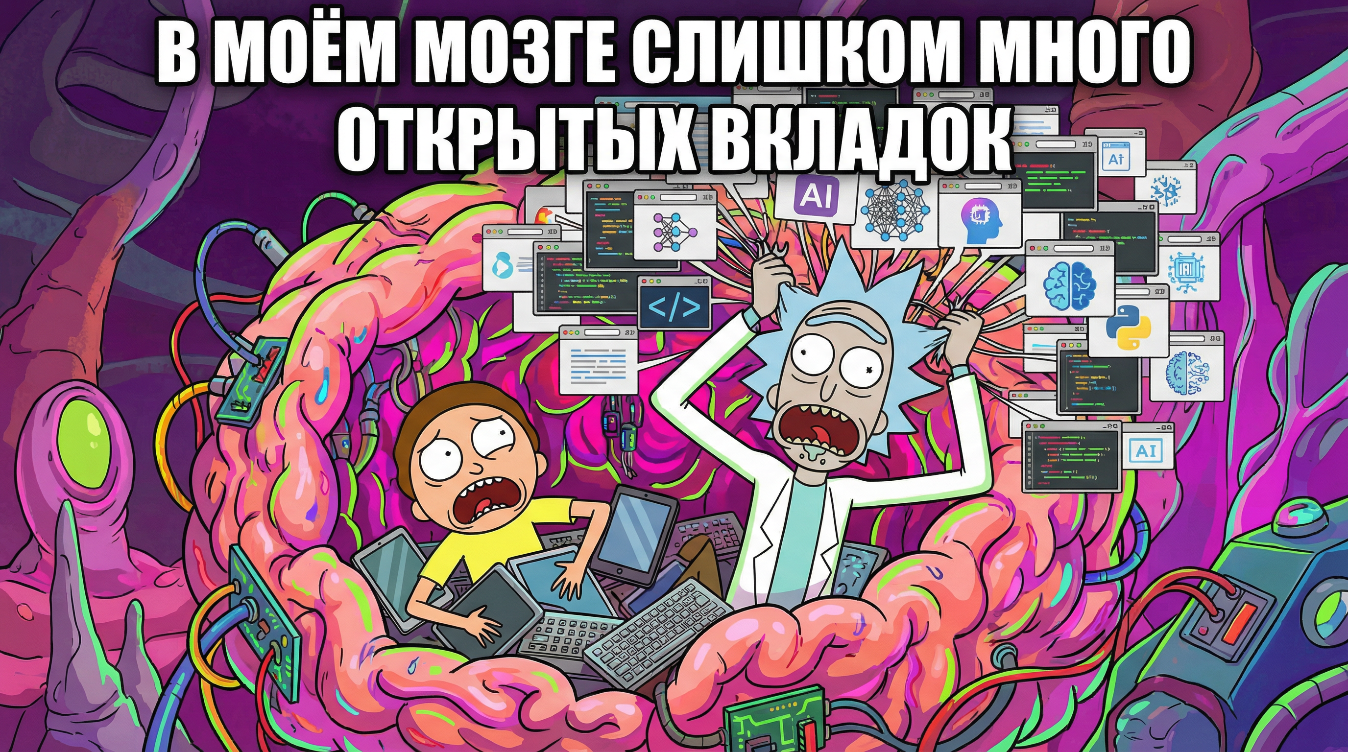картинка мозга с подписью "My brain has too many tabs open", отражает состояние перегрузки информацией, релевантно теме создания контента