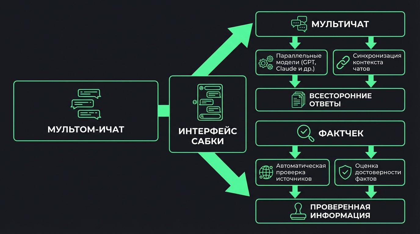 Скриншот интерфейса Сабки с выделенными функциями мультичата и фактчека