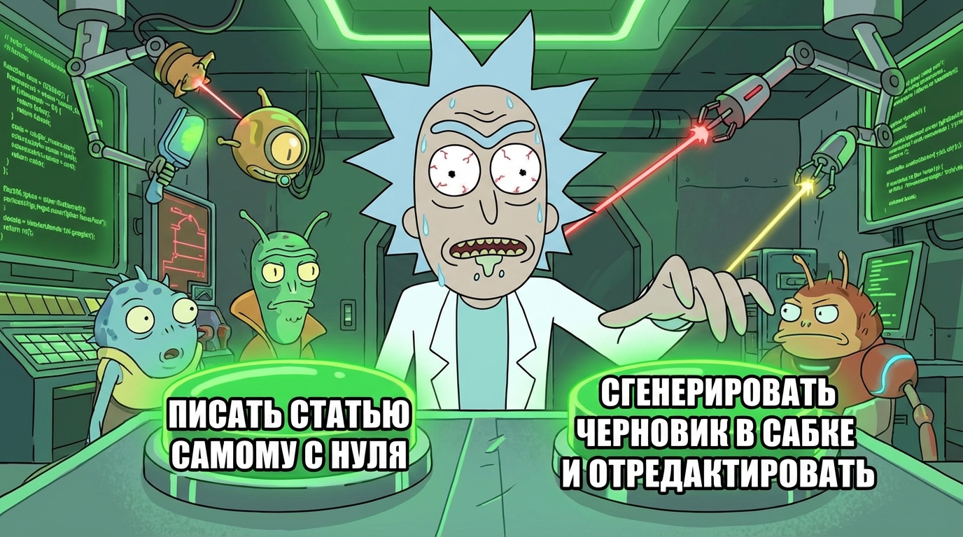Мем с двумя кнопками: "Писать статью самому с нуля" и "Сгенерировать черновик в Сабке и отредактировать"