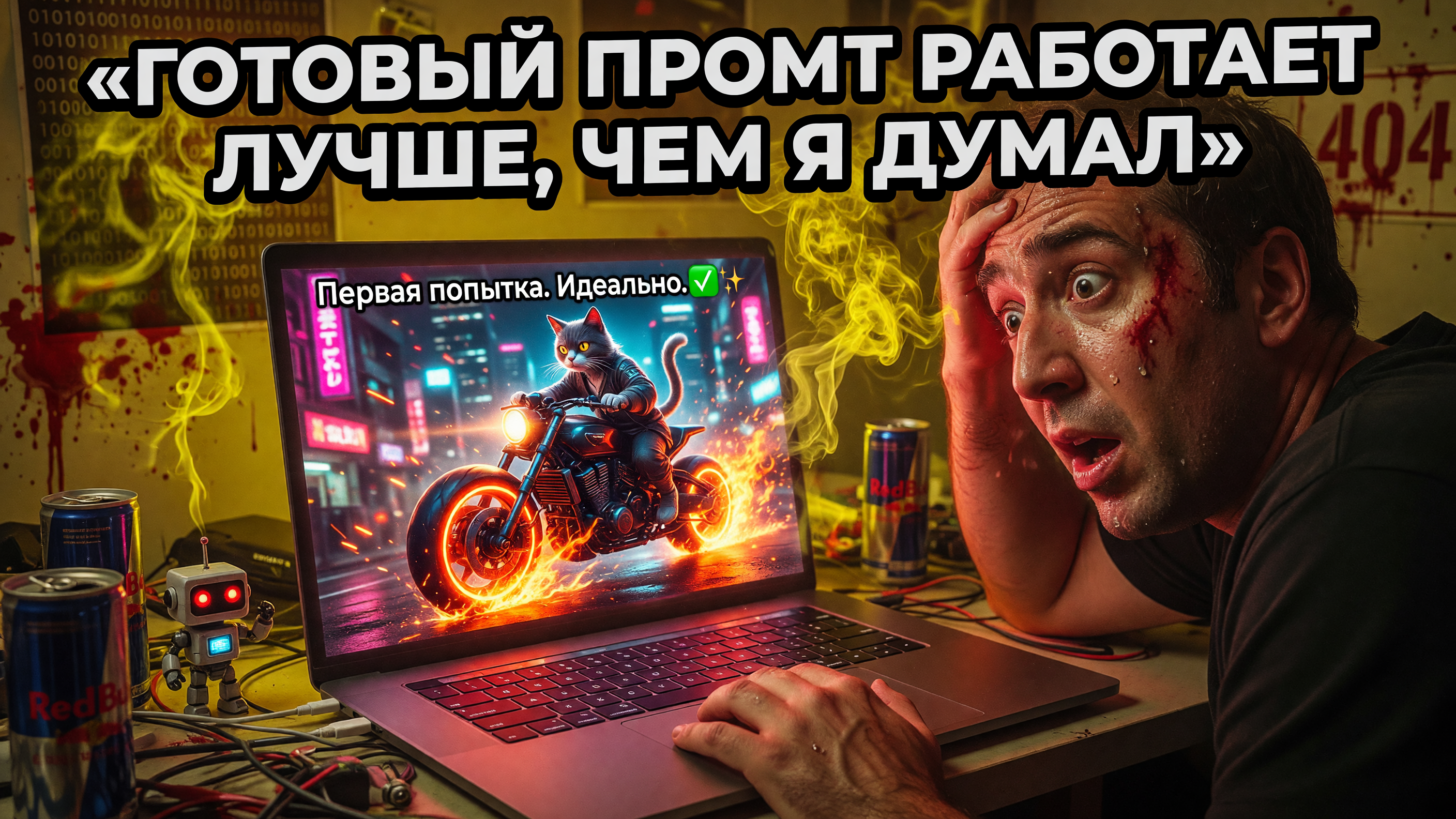 Человек смотрит в ноутбук. На экране картинка с текстом: «Готовый промт работает лучше, чем я думал» / реальная картинка: нейросеть выдала идеальный результат с первой попытки