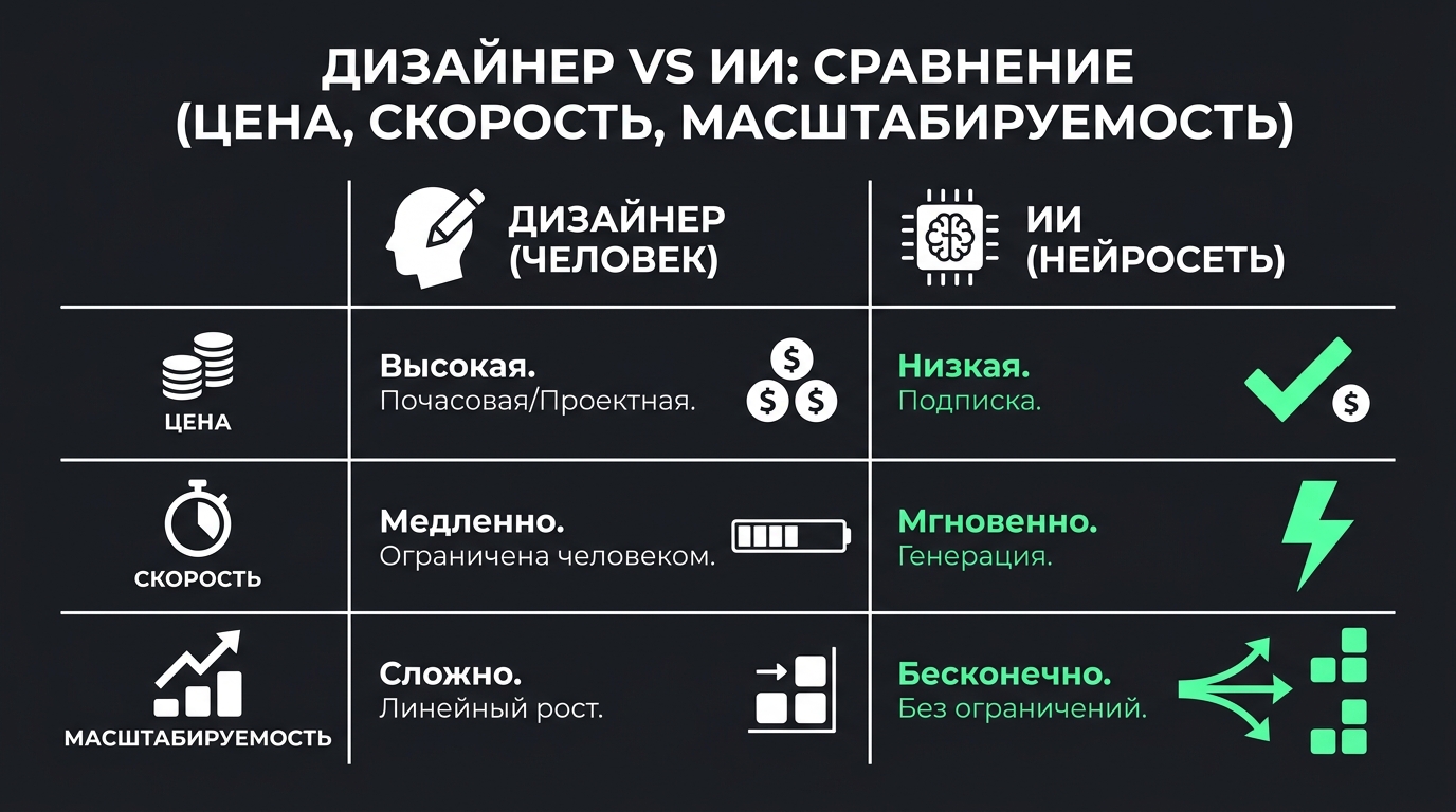 таблица сравнения: дизайнер против ИИ по цене, скорости и масштабируемости