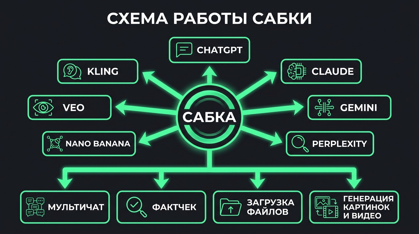 схема работы Сабки — в центре логотип Сабки, вокруг стрелки к иконкам: ChatGPT, Claude, Gemini, Perplexity, Nano Banana, Veo, Kling. От логотипа вниз стрелка: мультичат, фактчек, загрузка файлов, генерация картинок и видео