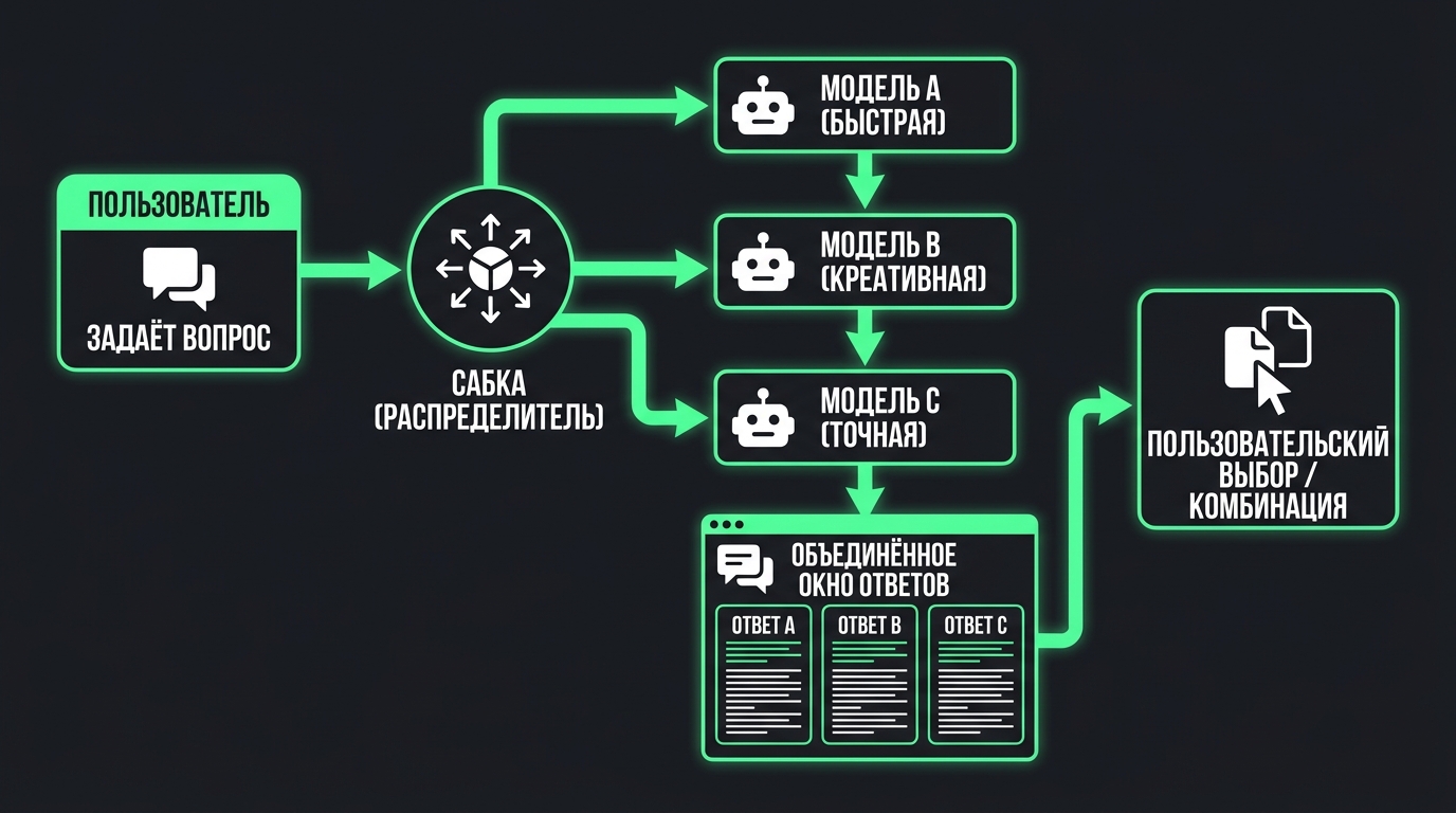 Схема мультичата — пользователь задаёт вопрос, Сабка распределяет его трём моделям параллельно, три ответа появляются в одном окне, пользователь выбирает или комбинирует