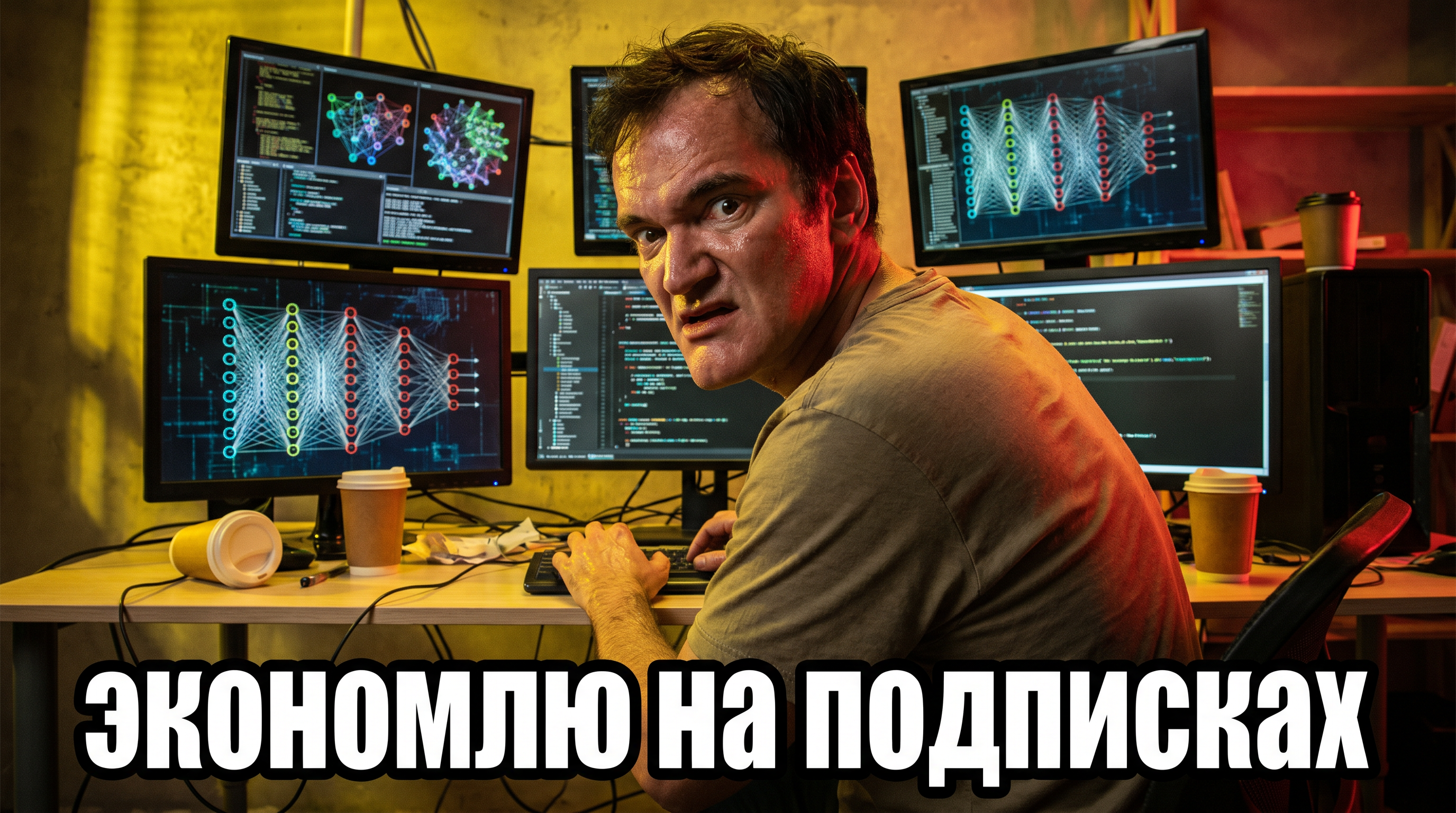 сидит программист за пятью мониторами, на каждом — своя нейросеть, пот на лбу, текст: "экономлю на подписках"