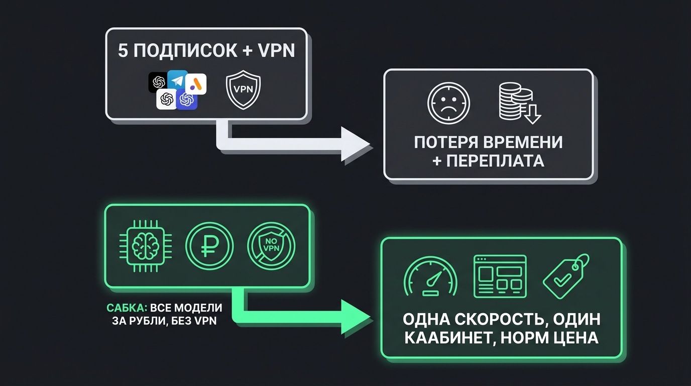 стрелка от "5 подписок + VPN" к "потеря времени + переплата"; стрелка от "Сабка: все модели за рубли, без VPN" к "одна скорость, один кабинет, норм цена"