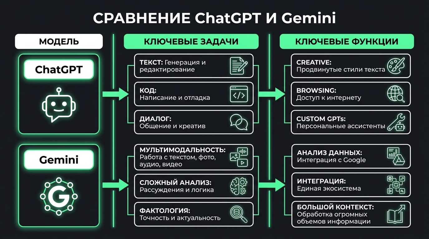Схема сравнения ChatGPT и Gemini по задачам и функциям