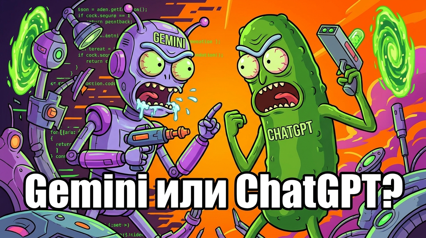 Два персонажа спорят, кто лучше. Текст: "Gemini или ChatGPT?"